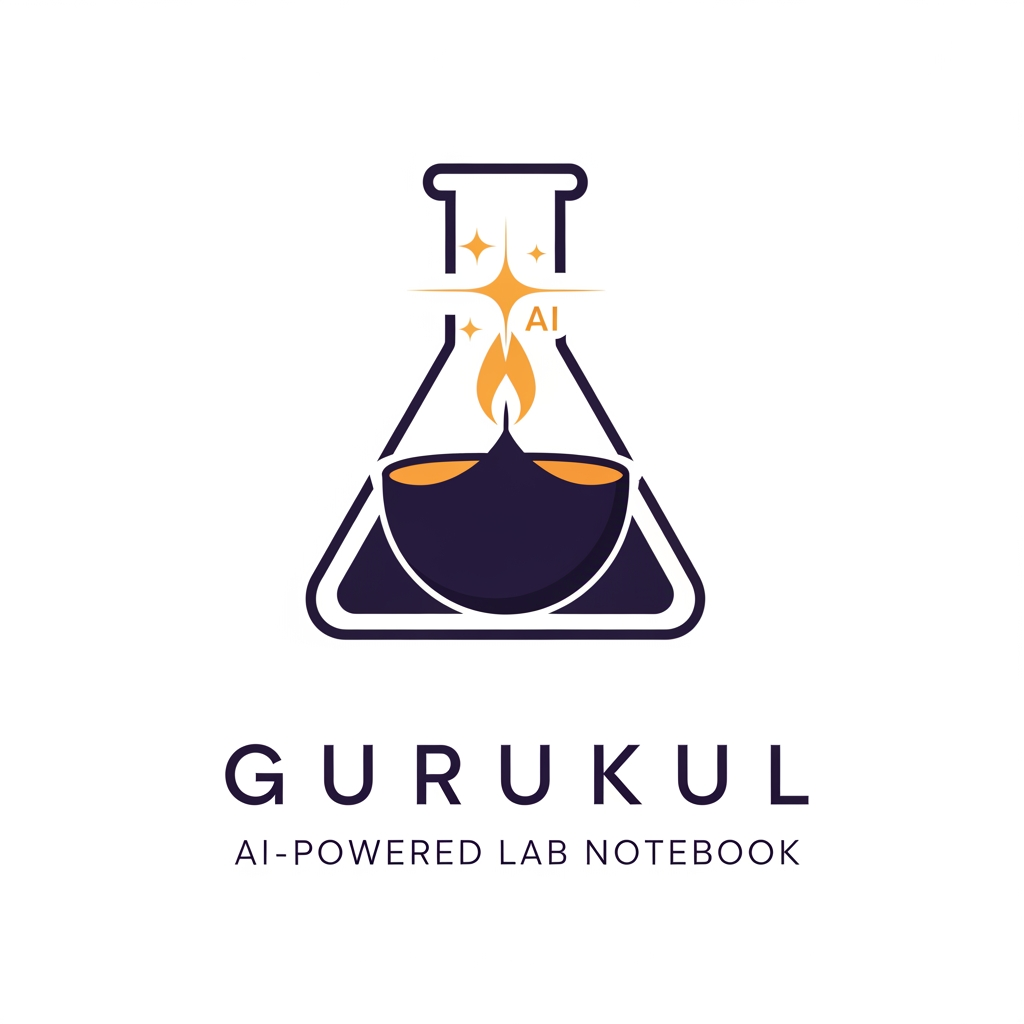AI Design for Brand name: Gurukul
What it is: An AI-powered Electronic Lab Notebook (ELN) for research labs, universities, and QA/industrial teams. It digitizes the traditional mentor–student knowledge chain: Gurus (leads) assign roles, review and sign off work; Shishyas (members) record experiments in structured observation logs; the AI assistant answers questions only from the lab's own past experiments — the lab's collective memory, never invented answers. Core ideas: structured record-keeping, accountability (every action attributed), approval chains, safety, and knowledge passed down a lineage.
Brand story to capture: "Gurukul" is the ancient Indian tradition of learning at the teacher's side — knowledge flowing from Guru to Shishya, generation after generation. This product is that tradition rebuilt as software: the lab notebook as a living lineage of knowledge. The logo should fuse this heritage with modern science/AI — ancient wisdom, digital precision.
Symbol directions to explore (pick the strongest, don't combine all):

A diya (oil lamp) whose flame is a four-pointed AI sparkle — the lamp of knowledge, now AI-lit; could sit above or within a minimal conical flask or open book.
A banyan/peepal tree whose branches form a hierarchy (one root, branching tiers — echoing Guru → Subguru → Shishya) with leaves as data points or circuit nodes.
An open book or palm-leaf manuscript whose pages transform into rising steps or a flask outline — the record becoming the research.
A negative-space monogram "G" containing a flame, leaf, or flask.

Personality: wise, trustworthy, disciplined, calm — institutional enough for a university, modern enough for a SaaS dashboard. NOT playful, NOT corporate-sterile, NOT religious/spiritual imagery beyond the lamp/tree metaphors.
Color palette: deep indigo or dark teal as the base (trust, depth, academia) with a warm saffron/marigold-gold accent (the flame, the Indian heritage note). Optional supporting aqua for the tech/AI feel. Avoid: red, neon, rainbow gradients.
Typography: a clean modern serif or humanist sans with slight warmth — should feel like a respected institution founded yesterday. Wordmark "Gurukul" in title case or letterspaced caps; optional small descriptor line "AI-Powered Lab Notebook."
Style: flat, geometric, minimal — must stay crisp as a 16px favicon and work in single color. Prefer negative-space cleverness over detail. No 3D, no bevels, no stock lab clip-art (microscopes, DNA helixes, atom rings).
Usage: SaaS dashboard header, favicon/app icon, institutional documents, pitch decks.