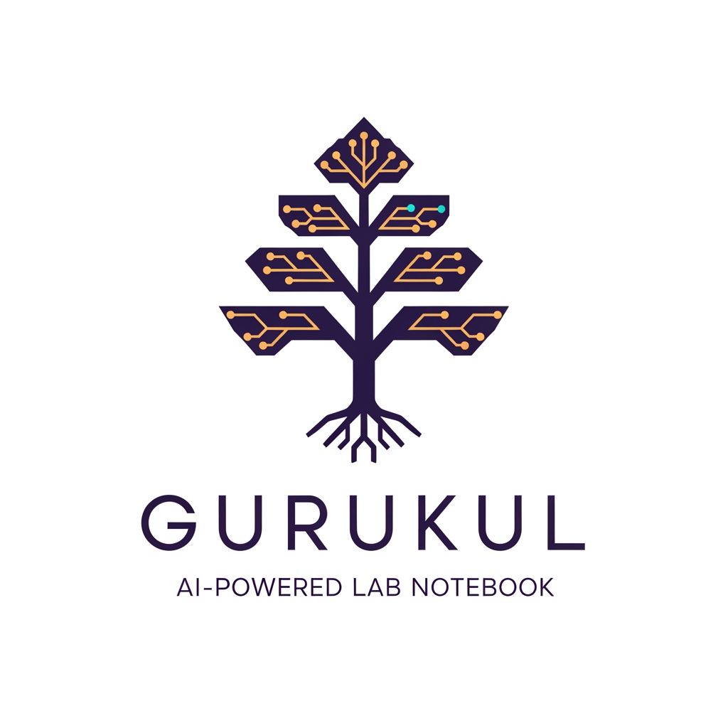 AI Design for Brand name: Gurukul
What it is: An AI-powered Electronic Lab Notebook (ELN) for research labs, universities, and QA/industrial teams. It digitizes the traditional mentor–student knowledge chain: Gurus (leads) assign roles, review and sign off work; Shishyas (members) record experiments in structured observation logs; the AI assistant answers questions only from the lab's own past experiments — the lab's collective memory, never invented answers. Core ideas: structured record-keeping, accountability (every action attributed), approval chains, safety, and knowledge passed down a lineage.
Brand story to capture: "Gurukul" is the ancient Indian tradition of learning at the teacher's side — knowledge flowing from Guru to Shishya, generation after generation. This product is that tradition rebuilt as software: the lab notebook as a living lineage of knowledge. The logo should fuse this heritage with modern science/AI — ancient wisdom, digital precision.
Symbol directions to explore (pick the strongest, don't combine all):

A diya (oil lamp) whose flame is a four-pointed AI sparkle — the lamp of knowledge, now AI-lit; could sit above or within a minimal conical flask or open book.
A banyan/peepal tree whose branches form a hierarchy (one root, branching tiers — echoing Guru → Subguru → Shishya) with leaves as data points or circuit nodes.
An open book or palm-leaf manuscript whose pages transform into rising steps or a flask outline — the record becoming the research.
A negative-space monogram "G" containing a flame, leaf, or flask.

Personality: wise, trustworthy, disciplined, calm — institutional enough for a university, modern enough for a SaaS dashboard. NOT playful, NOT corporate-sterile, NOT religious/spiritual imagery beyond the lamp/tree metaphors.
Color palette: deep indigo or dark teal as the base (trust, depth, academia) with a warm saffron/marigold-gold accent (the flame, the Indian heritage note). Optional supporting aqua for the tech/AI feel. Avoid: red, neon, rainbow gradients.
Typography: a clean modern serif or humanist sans with slight warmth — should feel like a respected institution founded yesterday. Wordmark "Gurukul" in title case or letterspaced caps; optional small descriptor line "AI-Powered Lab Notebook."
Style: flat, geometric, minimal — must stay crisp as a 16px favicon and work in single color. Prefer negative-space cleverness over detail. No 3D, no bevels, no stock lab clip-art (microscopes, DNA helixes, atom rings).
Usage: SaaS dashboard header, favicon/app icon, institutional documents, pitch decks.