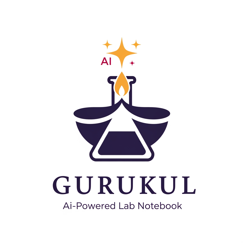AI Design for Brand name: Gurukul
What it is: An AI-powered Electronic Lab Notebook (ELN) for research labs, universities, and QA/industrial teams. It digitizes the traditional mentor–student knowledge chain: Gurus (leads) assign roles, review and sign off work; Shishyas (members) record experiments in structured observation logs; the AI assistant answers questions only from the lab's own past experiments — the lab's collective memory, never invented answers. Core ideas: structured record-keeping, accountability (every action attributed), approval chains, safety, and knowledge passed down a lineage.
Brand story to capture: "Gurukul" is the ancient Indian tradition of learning at the teacher's side — knowledge flowing from Guru to Shishya, generation after generation. This product is that tradition rebuilt as software: the lab notebook as a living lineage of knowledge. The logo should fuse this heritage with modern science/AI — ancient wisdom, digital precision.
Symbol directions to explore (pick the strongest, don't combine all):

A diya (oil lamp) whose flame is a four-pointed AI sparkle — the lamp of knowledge, now AI-lit; could sit above or within a minimal conical flask or open book.
A banyan/peepal tree whose branches form a hierarchy (one root, branching tiers — echoing Guru → Subguru → Shishya) with leaves as data points or circuit nodes.
An open book or palm-leaf manuscript whose pages transform into rising steps or a flask outline — the record becoming the research.
A negative-space monogram "G" containing a flame, leaf, or flask.

Personality: wise, trustworthy, disciplined, calm — institutional enough for a university, modern enough for a SaaS dashboard. NOT playful, NOT corporate-sterile, NOT religious/spiritual imagery beyond the lamp/tree metaphors.
Color palette: deep indigo or dark teal as the base (trust, depth, academia) with a warm saffron/marigold-gold accent (the flame, the Indian heritage note). Optional supporting aqua for the tech/AI feel. Avoid: red, neon, rainbow gradients.
Typography: a clean modern serif or humanist sans with slight warmth — should feel like a respected institution founded yesterday. Wordmark "Gurukul" in title case or letterspaced caps; optional small descriptor line "AI-Powered Lab Notebook."
Style: flat, geometric, minimal — must stay crisp as a 16px favicon and work in single color. Prefer negative-space cleverness over detail. No 3D, no bevels, no stock lab clip-art (microscopes, DNA helixes, atom rings).
Usage: SaaS dashboard header, favicon/app icon, institutional documents, pitch decks.