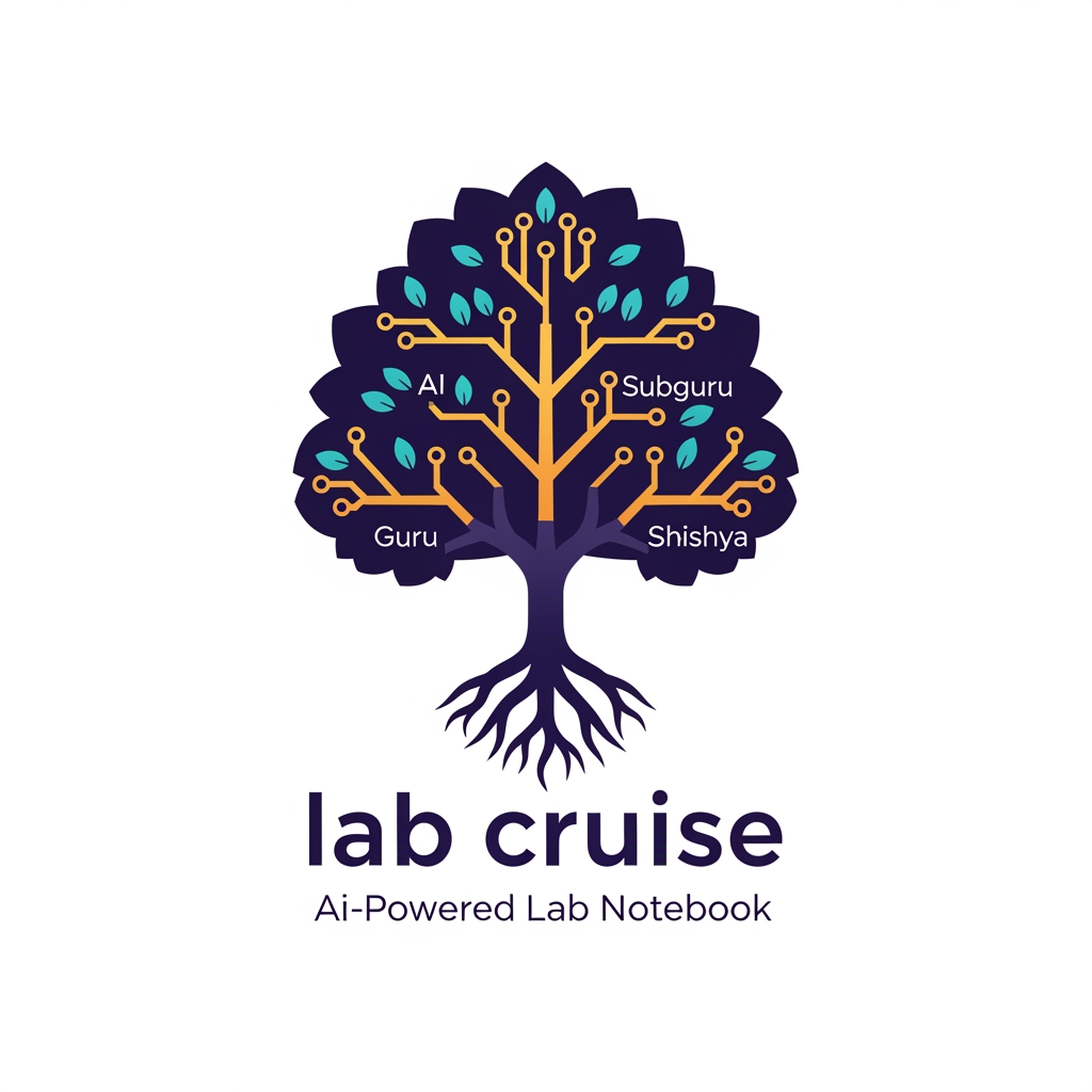 AI Design for Brand name: lab cruise
What it is: An AI-powered Electronic Lab Notebook (ELN) for research labs, universities, and QA/industrial teams. It digitizes the traditional mentor–student knowledge chain: Gurus (leads) assign roles, review and sign off work; Shishyas (members) record experiments in structured observation logs; the AI assistant answers questions only from the lab's own past experiments — the lab's collective memory, never invented answers. Core ideas: structured record-keeping, accountability (every action attributed), approval chains, safety, and knowledge passed down a lineage.
Brand story to capture: "Gurukul" is the ancient Indian tradition of learning at the teacher's side — knowledge flowing from Guru to Shishya, generation after generation. This product is that tradition rebuilt as software: the lab notebook as a living lineage of knowledge. The logo should fuse this heritage with modern science/AI — ancient wisdom, digital precision.
Symbol directions to explore (pick the strongest, don't combine all):

A diya (oil lamp) whose flame is a four-pointed AI sparkle — the lamp of knowledge, now AI-lit; could sit above or within a minimal conical flask or open book.
A banyan/peepal tree whose branches form a hierarchy (one root, branching tiers — echoing Guru → Subguru → Shishya) with leaves as data points or circuit nodes.
An open book or palm-leaf manuscript whose pages transform into rising steps or a flask outline — the record becoming the research.
A negative-space monogram "G" containing a flame, leaf, or flask.

Personality: wise, trustworthy, disciplined, calm — institutional enough for a university, modern enough for a SaaS dashboard. NOT playful, NOT corporate-sterile, NOT religious/spiritual imagery beyond the lamp/tree metaphors.
Color palette: deep indigo or dark teal as the base (trust, depth, academia) with a warm saffron/marigold-gold accent (the flame, the Indian heritage note). Optional supporting aqua for the tech/AI feel. Avoid: red, neon, rainbow gradients.
Typography: a clean modern serif or humanist sans with slight warmth — should feel like a respected institution founded yesterday. Wordmark "Gurukul" in title case or letterspaced caps; optional small descriptor line "AI-Powered Lab Notebook."
Style: flat, geometric, minimal — must stay crisp as a 16px favicon and work in single color. Prefer negative-space cleverness over detail. No 3D, no bevels, no stock lab clip-art (microscopes, DNA helixes, atom rings).
Usage: SaaS dashboard header, favicon/app icon, institutional documents, pitch decks.