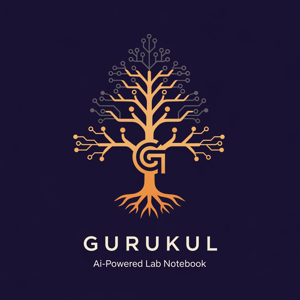 AI Design for Brand name: Gurukul
What it is: An AI-powered Electronic Lab Notebook (ELN) for research labs, universities, and QA/industrial teams. It digitizes the traditional mentor–student knowledge chain: Gurus (leads) assign roles, review and sign off work; Shishyas (members) record experiments in structured observation logs; the AI assistant answers questions only from the lab's own past experiments — the lab's collective memory, never invented answers. Core ideas: structured record-keeping, accountability (every action attributed), approval chains, safety, and knowledge passed down a lineage.
Brand story to capture: "Gurukul" is the ancient Indian tradition of learning at the teacher's side — knowledge flowing from Guru to Shishya, generation after generation. This product is that tradition rebuilt as software: the lab notebook as a living lineage of knowledge. The logo should fuse this heritage with modern science/AI — ancient wisdom, digital precision.
Symbol directions to explore (pick the strongest, don't combine all):

A diya (oil lamp) whose flame is a four-pointed AI sparkle — the lamp of knowledge, now AI-lit; could sit above or within a minimal conical flask or open book.
A banyan/peepal tree whose branches form a hierarchy (one root, branching tiers — echoing Guru → Subguru → Shishya) with leaves as data points or circuit nodes.
An open book or palm-leaf manuscript whose pages transform into rising steps or a flask outline — the record becoming the research.
A negative-space monogram "G" containing a flame, leaf, or flask.

Personality: wise, trustworthy, disciplined, calm — institutional enough for a university, modern enough for a SaaS dashboard. NOT playful, NOT corporate-sterile, NOT religious/spiritual imagery beyond the lamp/tree metaphors.
Color palette: deep indigo or dark teal as the base (trust, depth, academia) with a warm saffron/marigold-gold accent (the flame, the Indian heritage note). Optional supporting aqua for the tech/AI feel. Avoid: red, neon, rainbow gradients.
Typography: a clean modern serif or humanist sans with slight warmth — should feel like a respected institution founded yesterday. Wordmark "Gurukul" in title case or letterspaced caps; optional small descriptor line "AI-Powered Lab Notebook."
Style: flat, geometric, minimal — must stay crisp as a 16px favicon and work in single color. Prefer negative-space cleverness over detail. No 3D, no bevels, no stock lab clip-art (microscopes, DNA helixes, atom rings).
Usage: SaaS dashboard header, favicon/app icon, institutional documents, pitch decks.