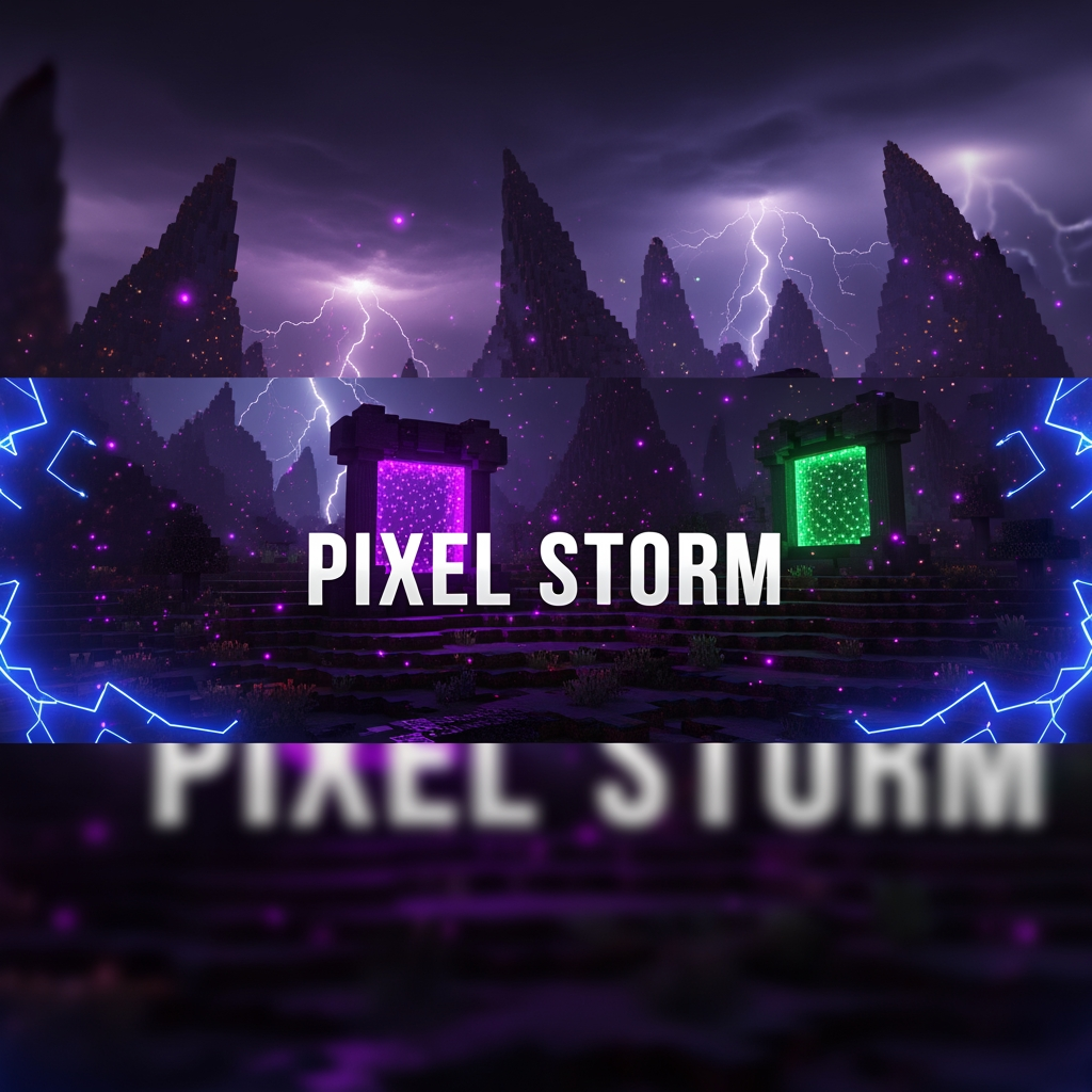 AI Design for Create a premium YouTube banner (2560x1440) for a Minecraft gaming channel named "PIXEL STORM" in the style of a modern esports banner similar to SENPAI.

Theme: Dark purple and electric blue neon.
Background: Stormy Minecraft world with lightning, glowing particles, End dimension vibes, mountains, Nether portals, and cinematic lighting.
Center: Large bold 3D text "PIXEL STORM" with white, blue, and purple gradient, glowing outline and shadow.
Left Side: My custom Minecraft skin (provided image) in a dynamic action pose holding a glowing Netherite Sword, blue glowing eyes, realistic Minecraft render.
Right Side: Large "LIKE & SUBSCRIBE" text with glowing thumbs-up icon and a modern Subscribe button.
Bottom: Small icons and text:
- Minecraft Survival
- PvP
- Epic Builds
- Tutorials
- Shorts
Overall Style: Clean, premium, high CTR, vibrant, ultra-detailed, cinematic, high contrast, sharp focus, esports branding, no clutter, professional YouTube banner.
Keep all important elements inside the YouTube safe area so nothing is cropped on desktop or mobile.