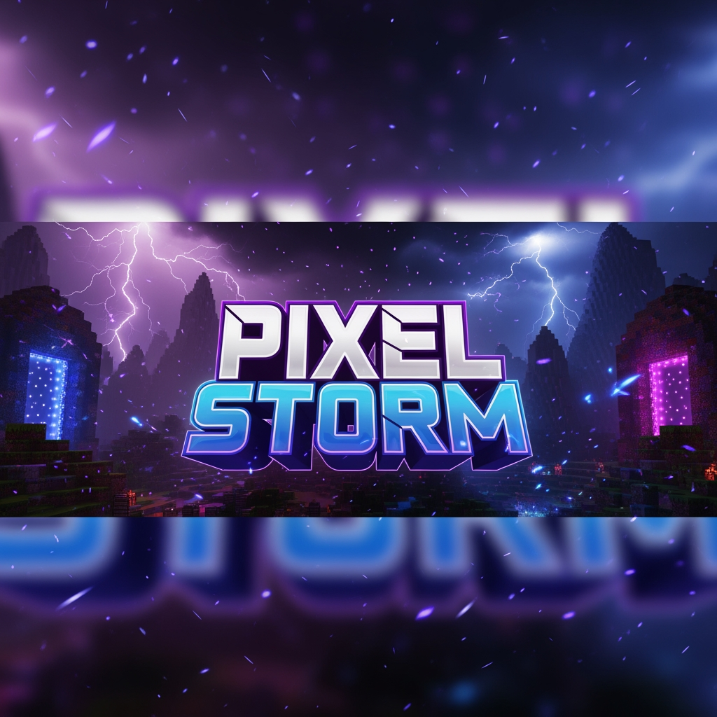 AI Design for Create a premium YouTube banner (2560x1440) for a Minecraft gaming channel named "PIXEL STORM" in the style of a modern esports banner similar to SENPAI.

Theme: Dark purple and electric blue neon.
Background: Stormy Minecraft world with lightning, glowing particles, End dimension vibes, mountains, Nether portals, and cinematic lighting.
Center: Large bold 3D text "PIXEL STORM" with white, blue, and purple gradient, glowing outline and shadow.
Left Side: My custom Minecraft skin (provided image) in a dynamic action pose holding a glowing Netherite Sword, blue glowing eyes, realistic Minecraft render.
Right Side: Large "LIKE & SUBSCRIBE" text with glowing thumbs-up icon and a modern Subscribe button.
Bottom: Small icons and text:
- Minecraft Survival
- PvP
- Epic Builds
- Tutorials
- Shorts
Overall Style: Clean, premium, high CTR, vibrant, ultra-detailed, cinematic, high contrast, sharp focus, esports branding, no clutter, professional YouTube banner.
Keep all important elements inside the YouTube safe area so nothing is cropped on desktop or mobile.