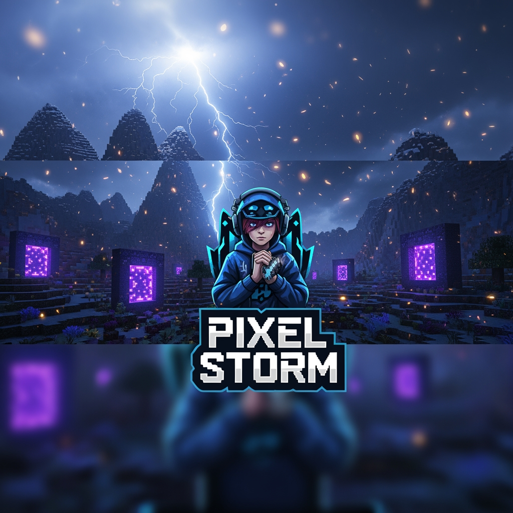 AI Design for Create a premium YouTube banner (2560x1440) for a Minecraft gaming channel named "PIXEL STORM" in the style of a modern esports banner similar to SENPAI.

Theme: Dark purple and electric blue neon.
Background: Stormy Minecraft world with lightning, glowing particles, End dimension vibes, mountains, Nether portals, and cinematic lighting.
Center: Large bold 3D text "PIXEL STORM" with white, blue, and purple gradient, glowing outline and shadow.
Left Side: My custom Minecraft skin (provided image) in a dynamic action pose holding a glowing Netherite Sword, blue glowing eyes, realistic Minecraft render.
Right Side: Large "LIKE & SUBSCRIBE" text with glowing thumbs-up icon and a modern Subscribe button.
Bottom: Small icons and text:
- Minecraft Survival
- PvP
- Epic Builds
- Tutorials
- Shorts
Overall Style: Clean, premium, high CTR, vibrant, ultra-detailed, cinematic, high contrast, sharp focus, esports branding, no clutter, professional YouTube banner.
Keep all important elements inside the YouTube safe area so nothing is cropped on desktop or mobile.