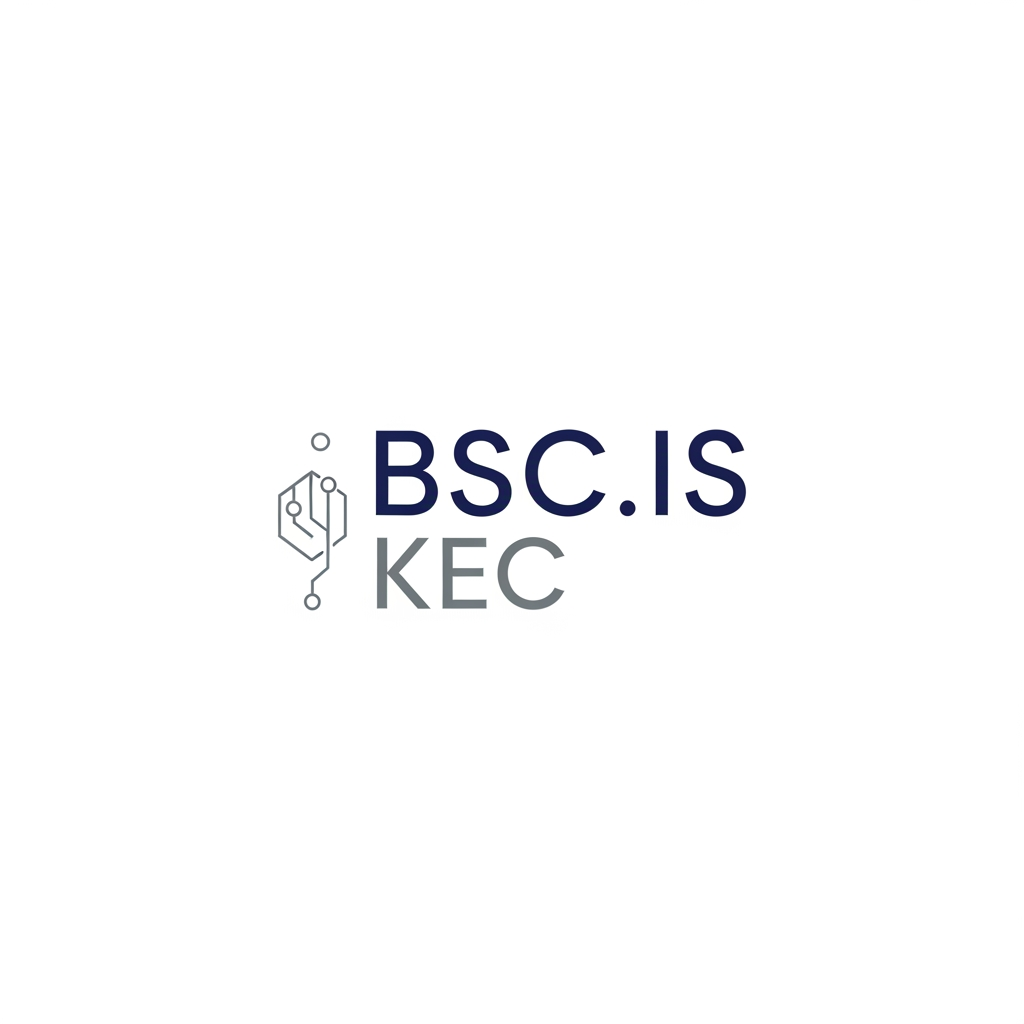 AI Design for A minimalist, modern logo for 'BSC.IS' and 'KEC'. Use a clean sans-serif typography. Integrate a subtle geometric icon representing technology or data, like a stylized node or digital circuit pattern. Professional color palette of navy blue and slate grey, white background, flat vector style."