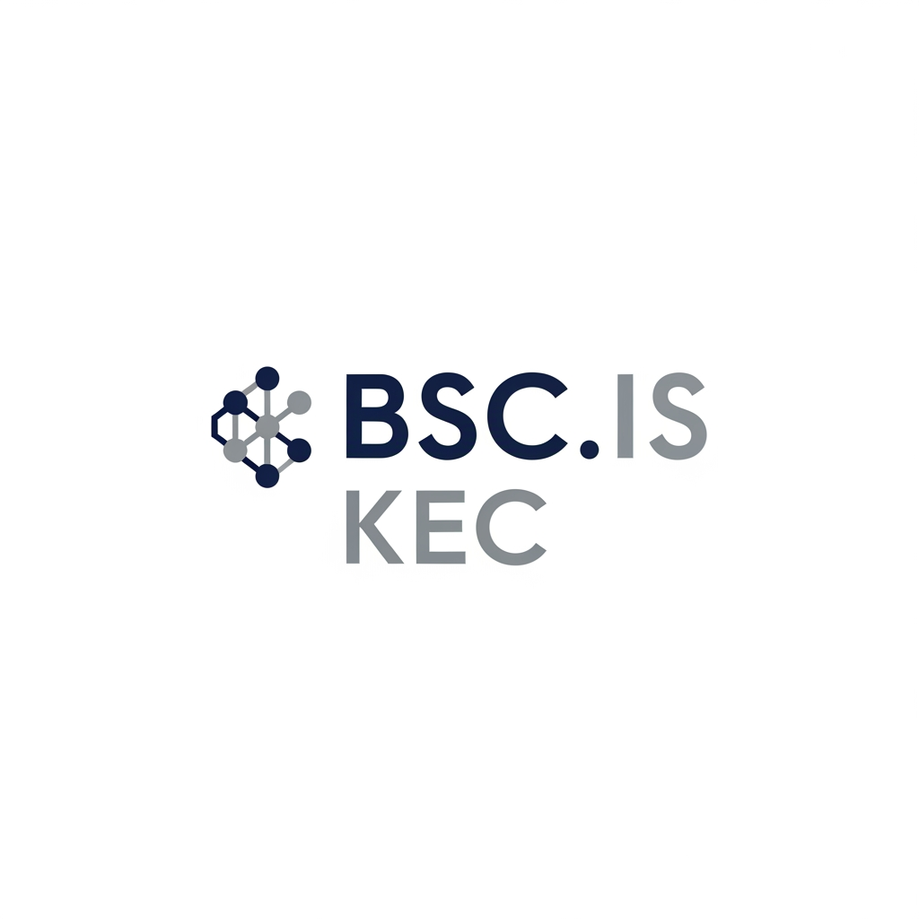 AI Design for A minimalist, modern logo for 'BSC.IS' and 'KEC'. Use a clean sans-serif typography. Integrate a subtle geometric icon representing technology or data, like a stylized node or digital circuit pattern. Professional color palette of navy blue and slate grey, white background, flat vector style."