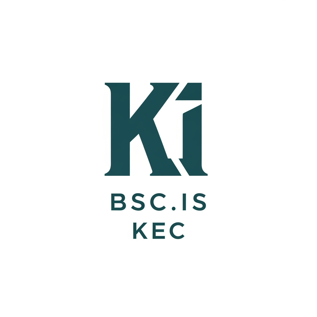AI Design for A minimalist logo design featuring a strong, unique monogram of the letters 'K' and 'I'. Below the icon, place the text 'BSC.IS' and 'KEC' in a clean, balanced layout. Professional, academic, and modern aesthetic. Use a monochromatic color scheme (deep teal). Flat design, sharp edges, white background."
