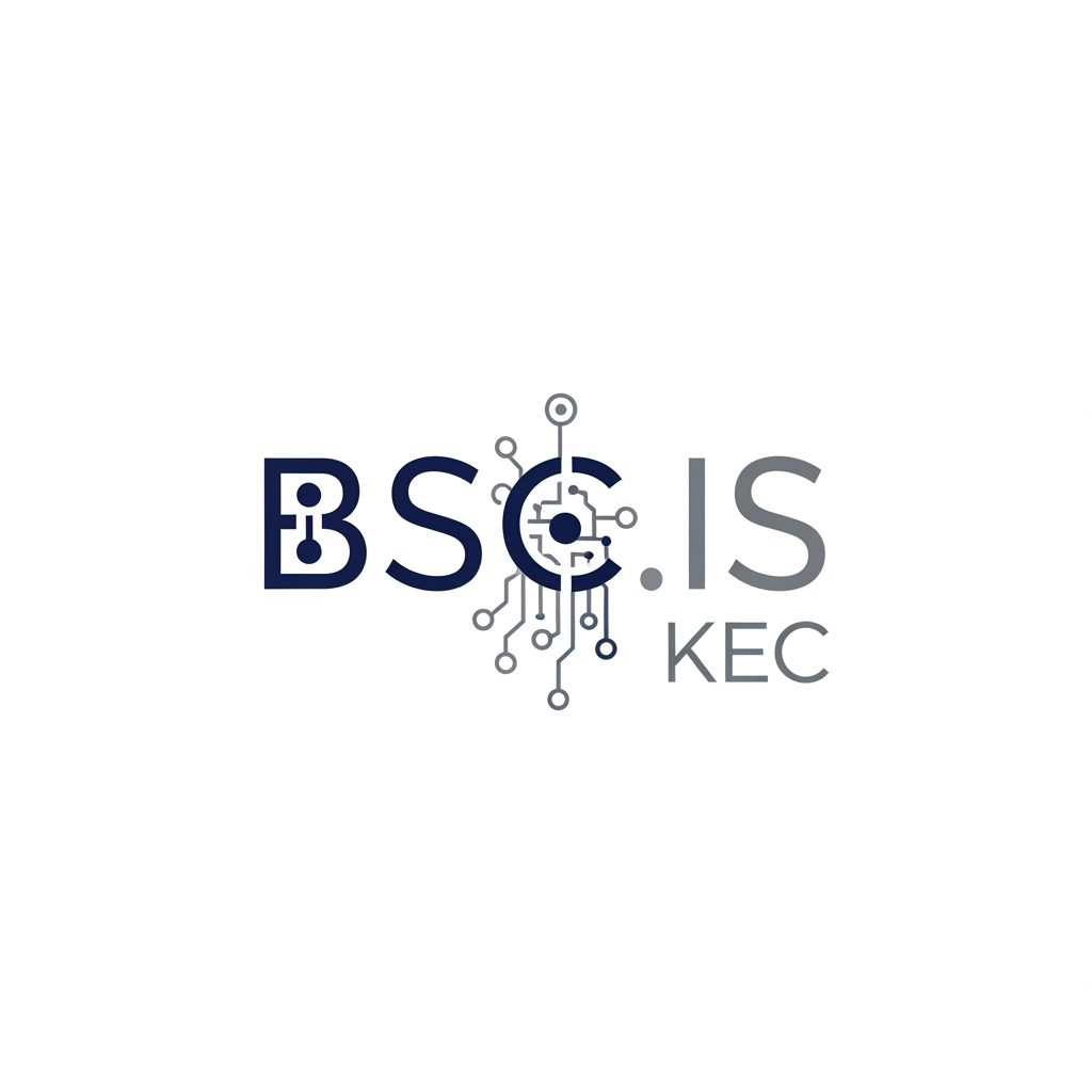 AI Design for A minimalist, modern logo for 'BSC.IS' and 'KEC'. Use a clean sans-serif typography. Integrate a subtle geometric icon representing technology or data, like a stylized node or digital circuit pattern. Professional color palette of navy blue and slate grey, white background, flat vector style."