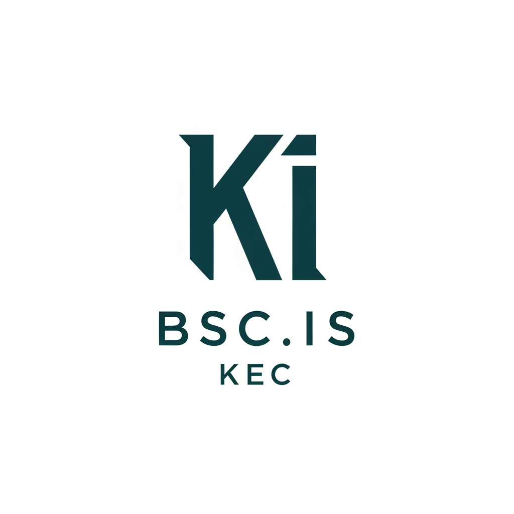 AI Design for A minimalist logo design featuring a strong, unique monogram of the letters 'K' and 'I'. Below the icon, place the text 'BSC.IS' and 'KEC' in a clean, balanced layout. Professional, academic, and modern aesthetic. Use a monochromatic color scheme (deep teal). Flat design, sharp edges, white background."