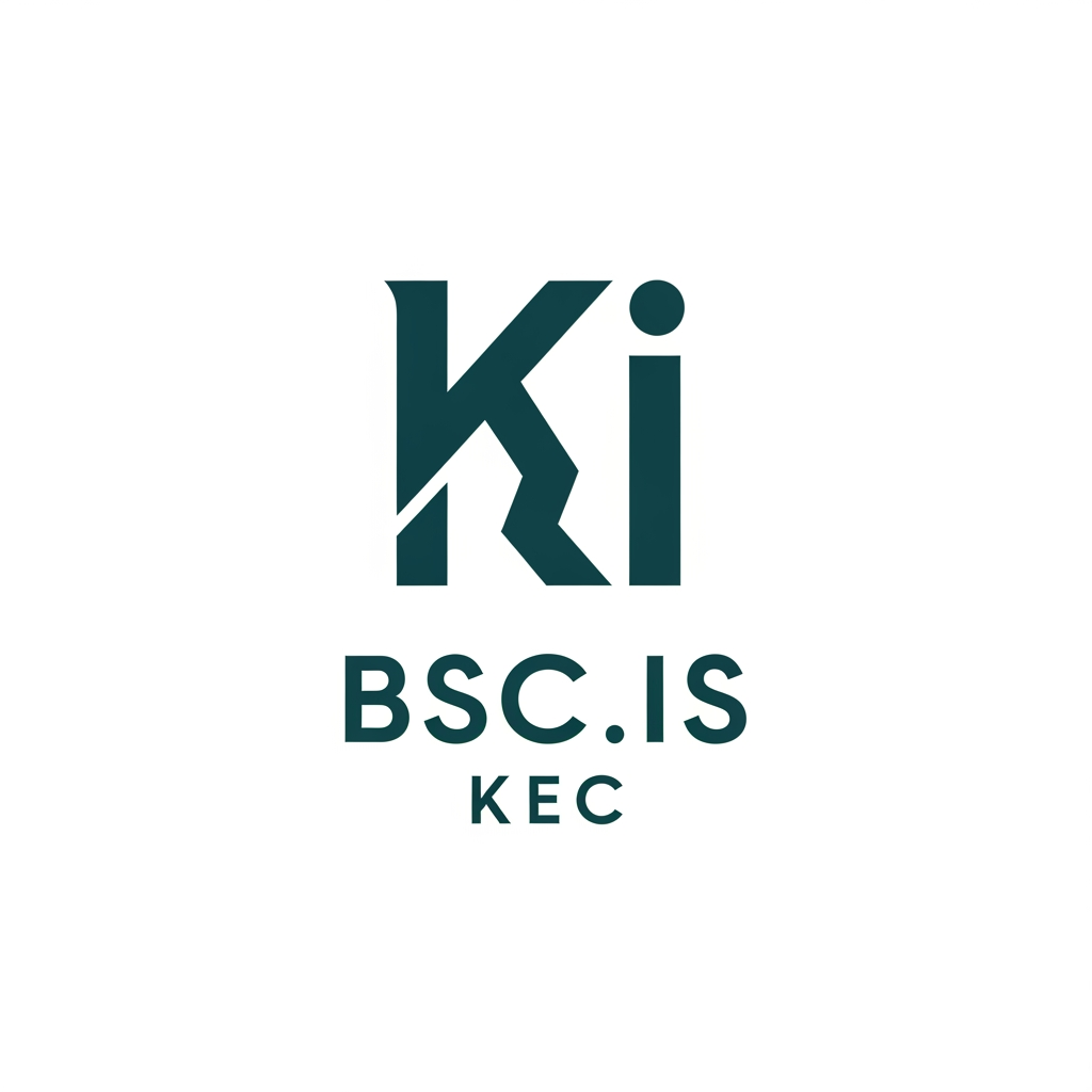 AI Design for A minimalist logo design featuring a strong, unique monogram of the letters 'K' and 'I'. Below the icon, place the text 'BSC.IS' and 'KEC' in a clean, balanced layout. Professional, academic, and modern aesthetic. Use a monochromatic color scheme (deep teal). Flat design, sharp edges, white background."