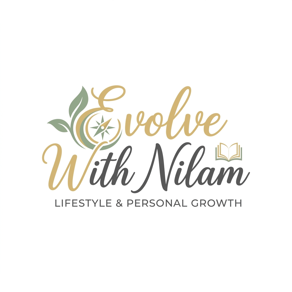 AI Design for A logo for a lifestyle and personal development instagram account titled Evolve With Nilam. The design features elegant, flowing typography integrated with a subtle, stylized icons to symbolize growth and adventure. Use a professional color palette of sage green, soft gold, and charcoal grey, set against a clean white background for a premium, modern aesthetic.The blogger is a teacher