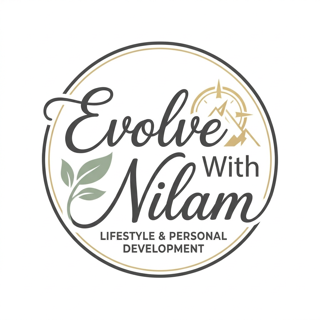 AI Design for A logo for a lifestyle and personal development instagram account titled Evolve With Nilam. The design features elegant, flowing typography integrated with a subtle, stylized icons to symbolize growth and adventure. Use a professional color palette of sage green, soft gold, and charcoal grey, set against a clean white background for a premium, modern aesthetic.The blogger is a teacher