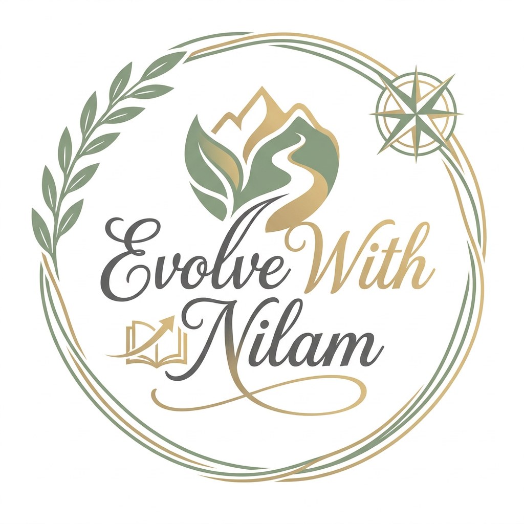 AI Design for A logo for a lifestyle and personal development instagram account titled Evolve With Nilam. The design features elegant, flowing typography integrated with a subtle, stylized icons to symbolize growth and adventure. Use a professional color palette of sage green, soft gold, and charcoal grey, set against a clean white background for a premium, modern aesthetic.The blogger is a teacher