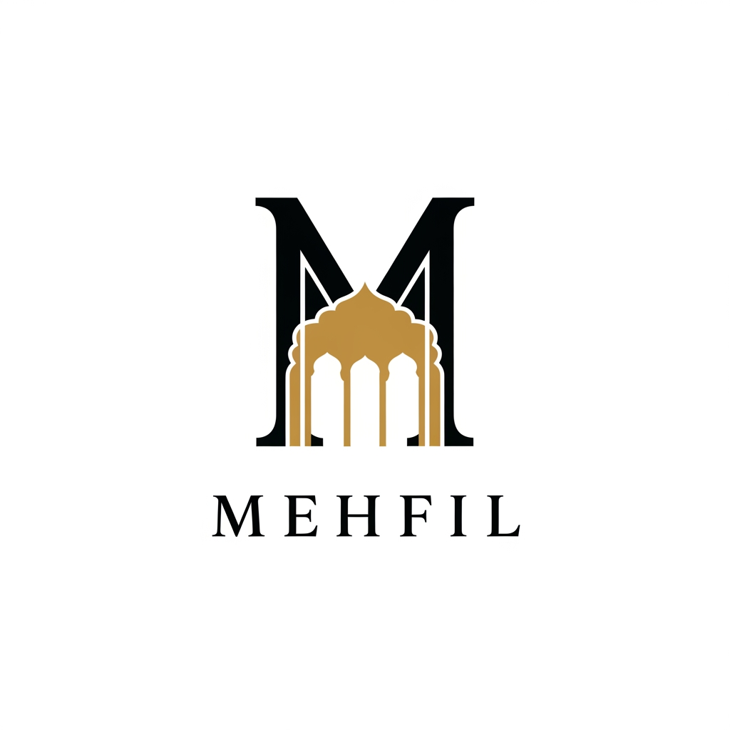 AI Design for Design a world-class luxury restaurant logo for the brand "MEHFIL". Create a timeless monogram using the letter "M" with elegant negative space inspired by Indian hospitality and heritage architecture. Avoid chef hats, forks, spoons, flames, burgers, or generic food icons. The symbol should be iconic, memorable, and instantly recognizable like premium global brands. Use geometric construction, clean vector lines, balanced proportions, black and antique gold color palette, elegant serif typography, flat design, white background, scalable SVG style, award-winning branding, Behance-quality presentation.