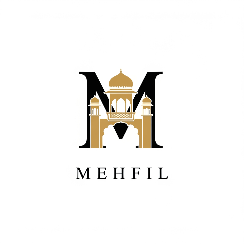 AI Design for Design a world-class luxury restaurant logo for the brand "MEHFIL". Create a timeless monogram using the letter "M" with elegant negative space inspired by Indian hospitality and heritage architecture. Avoid chef hats, forks, spoons, flames, burgers, or generic food icons. The symbol should be iconic, memorable, and instantly recognizable like premium global brands. Use geometric construction, clean vector lines, balanced proportions, black and antique gold color palette, elegant serif typography, flat design, white background, scalable SVG style, award-winning branding, Behance-quality presentation.