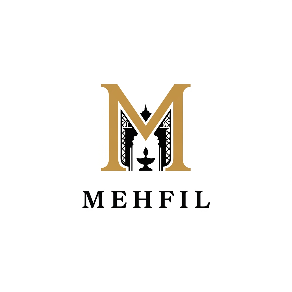 AI Design for Design a world-class luxury restaurant logo for the brand "MEHFIL". Create a timeless monogram using the letter "M" with elegant negative space inspired by Indian hospitality and heritage architecture. Avoid chef hats, forks, spoons, flames, burgers, or generic food icons. The symbol should be iconic, memorable, and instantly recognizable like premium global brands. Use geometric construction, clean vector lines, balanced proportions, black and antique gold color palette, elegant serif typography, flat design, white background, scalable SVG style, award-winning branding, Behance-quality presentation.