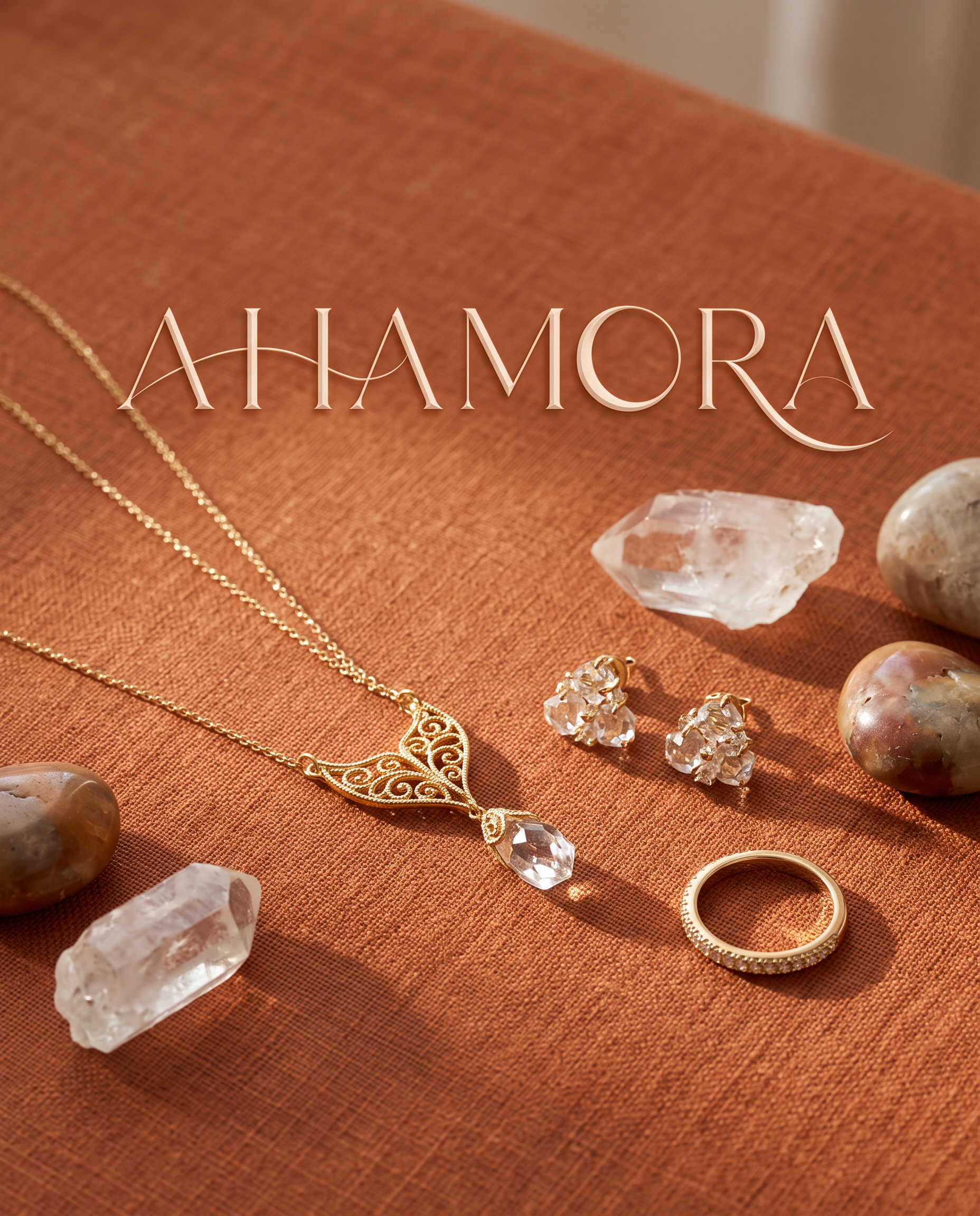 AI Design for A close-up, high-end editorial shot of AHAMORA crystal jewelry resting on a textured linen surface. Use the warm terracotta and soft earth tones from Untitled design.png as the primary color palette. Soft, natural morning light creates gentle shadows. The composition is clean and minimalist, leaving negative space for marketing copy. The aesthetic is intentional, soulful, and premium.