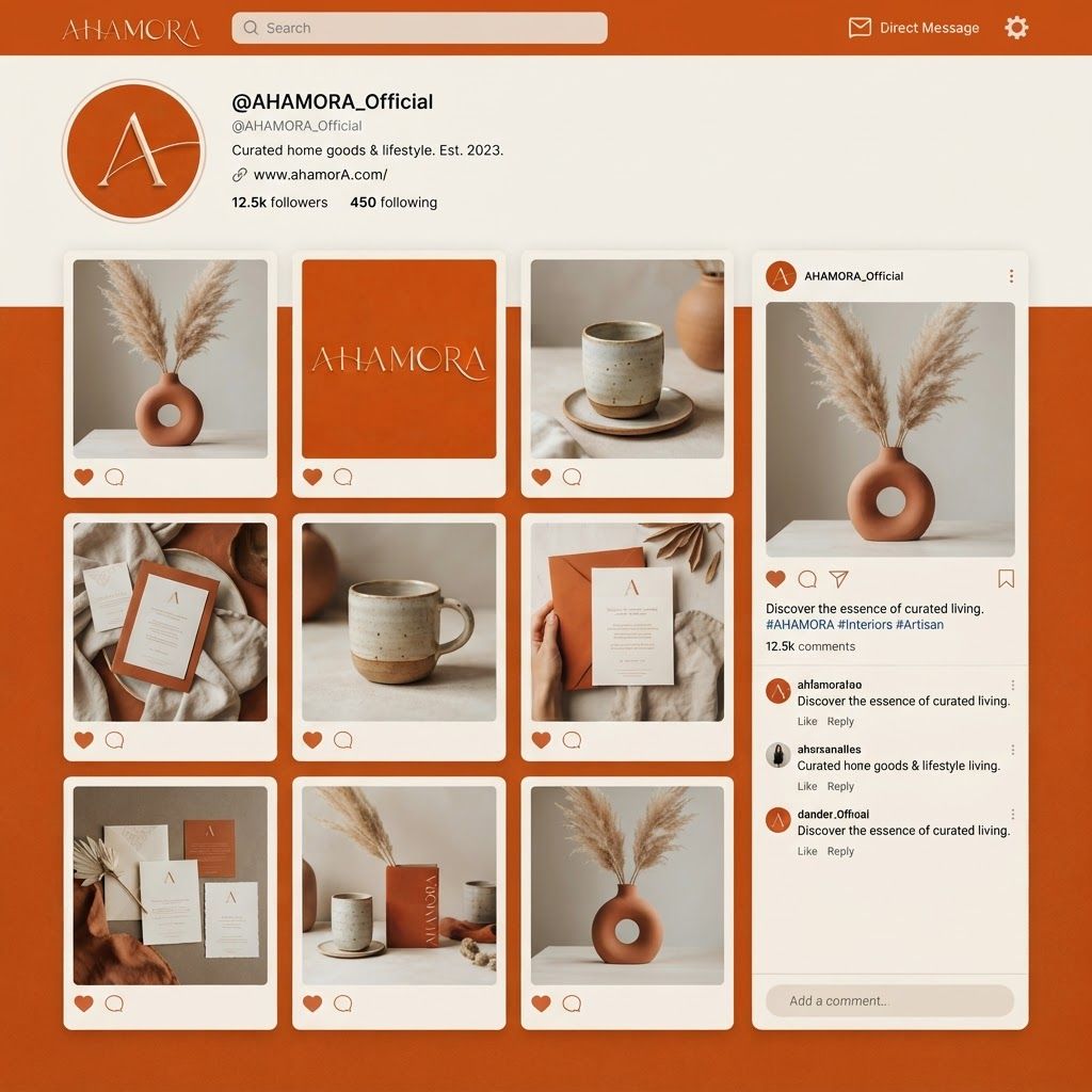 AI Design for The following reference images are provided:
- Reference A corresponds to the attached image for the brand element "AHAMORA" (The image features the word 'AHAMORA' in a stylized, cream-colored serif typeface with elegant decorative curves, set against a solid, textured terracotta-orange background.). Instructions: The image features the word 'AHAMORA' in a stylized, cream-colored serif typeface with elegant decorative curves, set against a solid, textured terracotta-orange background.
User request:
show more of our social media