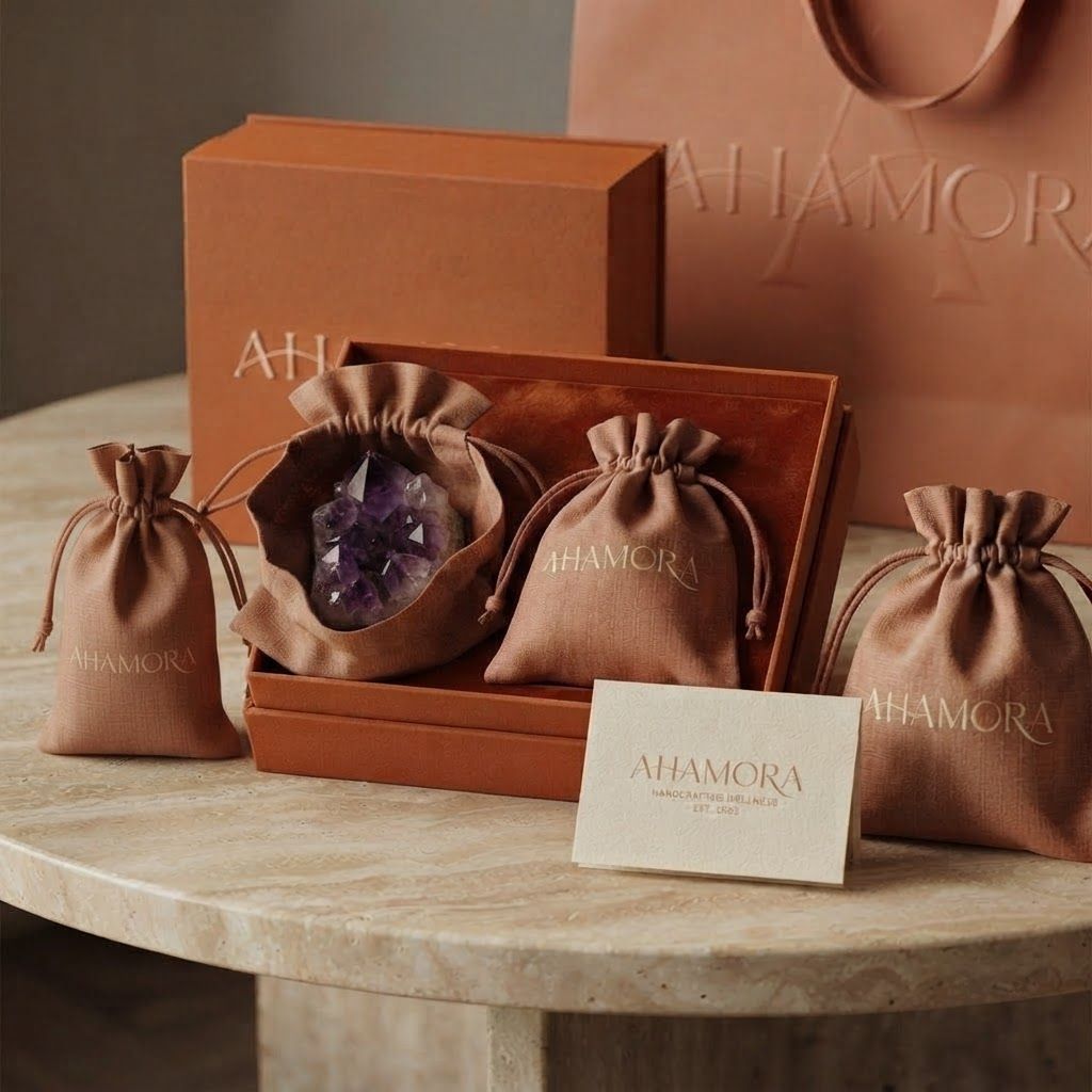AI Design for show me inside of the box, no oil dropper. just a jute bag and one crystal inside it