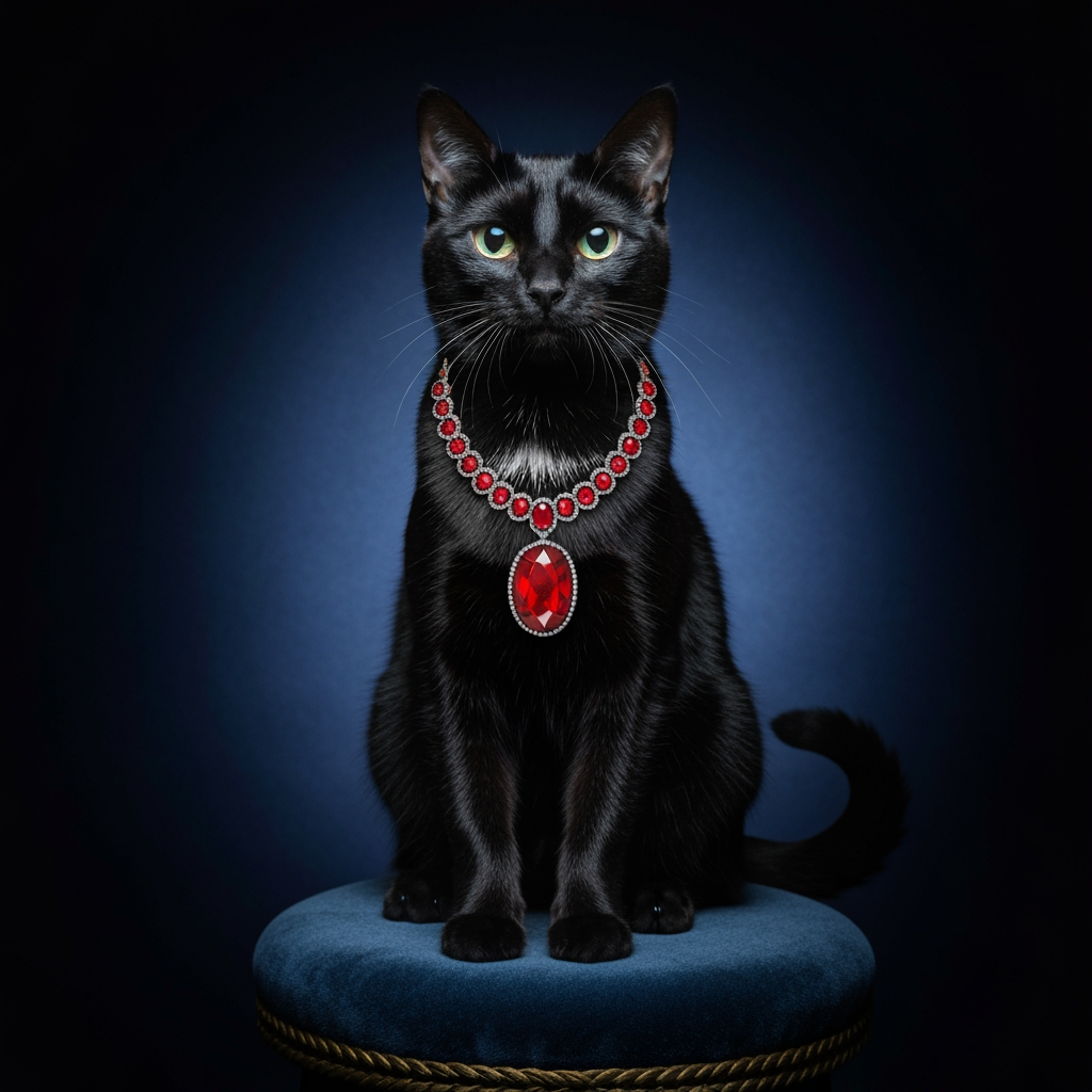AI Design for create a very classic baddie picture of a cat wearing rhodochorsite