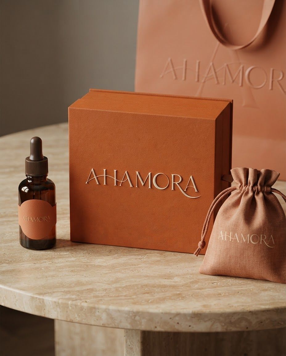 AI Design for Premium packaging mockup concept for Create sophisticated LOGO for AHAMORA logotype, emphasizing its elegant serif typography and warm, earthy terracotta background.. Brand identity applied to realistic boxes, pouches, labels, wraps, or bags as appropriate, polished tabletop scene, tactile materials, no invented readable copy.
Incorporate the attached brand element reference image (Reference A: brand element "AHAMORA") into the composition where natural — preserve the depicted brand element's appearance.