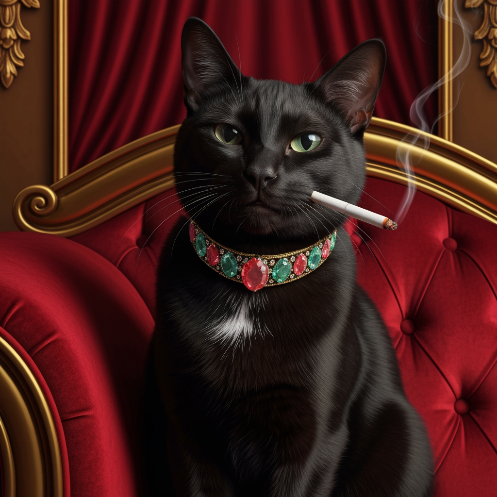AI Design for create a very classic baddie picture of a cat wearing rhodochorsite