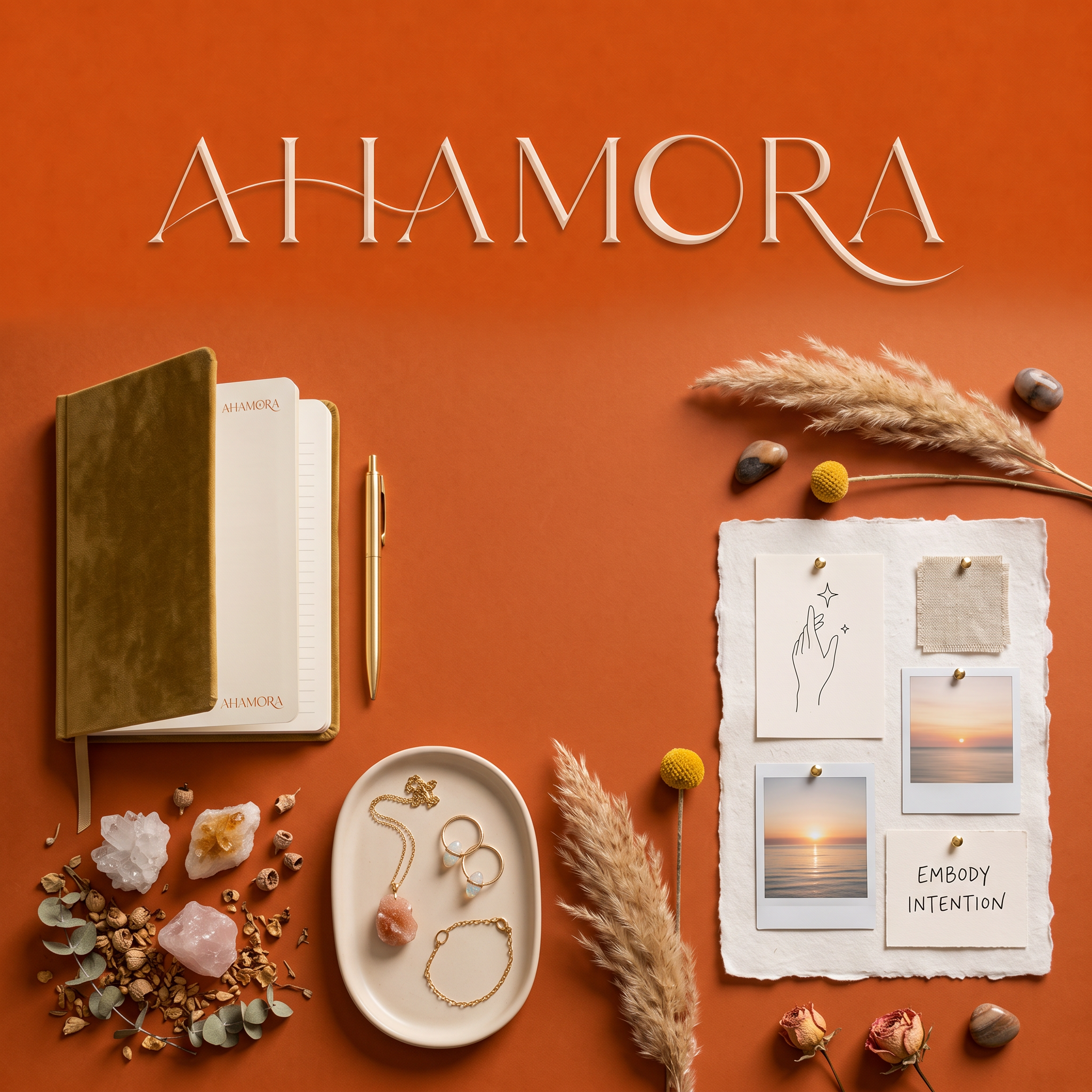 AI Design for An organized, artistic flat-lay featuring an AHAMORA journal, a vision board layout, and delicate crystal jewelry pieces. The background uses the terracotta color scheme from Untitled design.png. Include organic elements like dried flowers or raw crystal clusters. The lighting is diffused and warm, evoking a sense of calm and ritual. Leave space in the center for branding or campaign text.