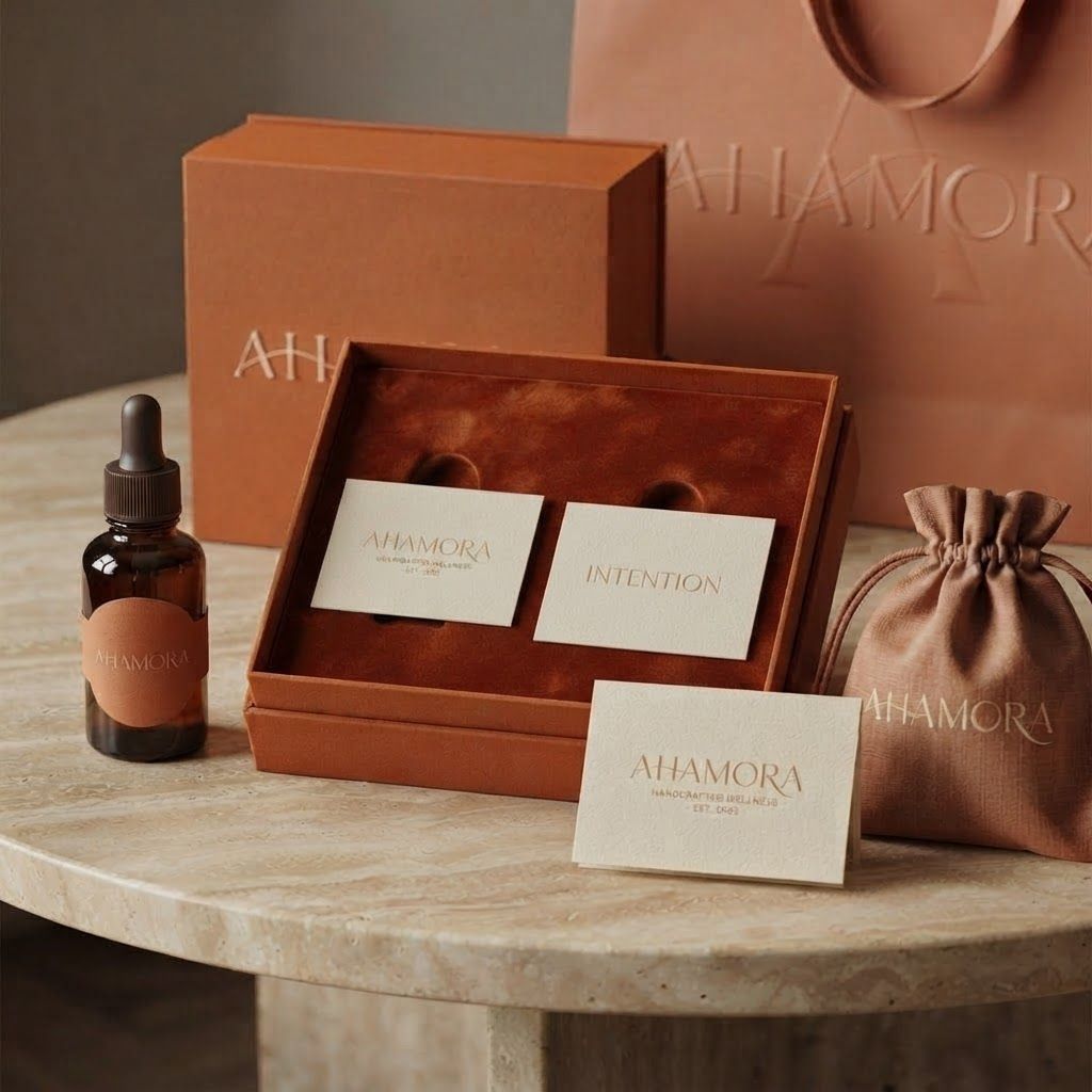AI Design for show me inside of the box, no oil. just a business card and one another card that says INTENTION