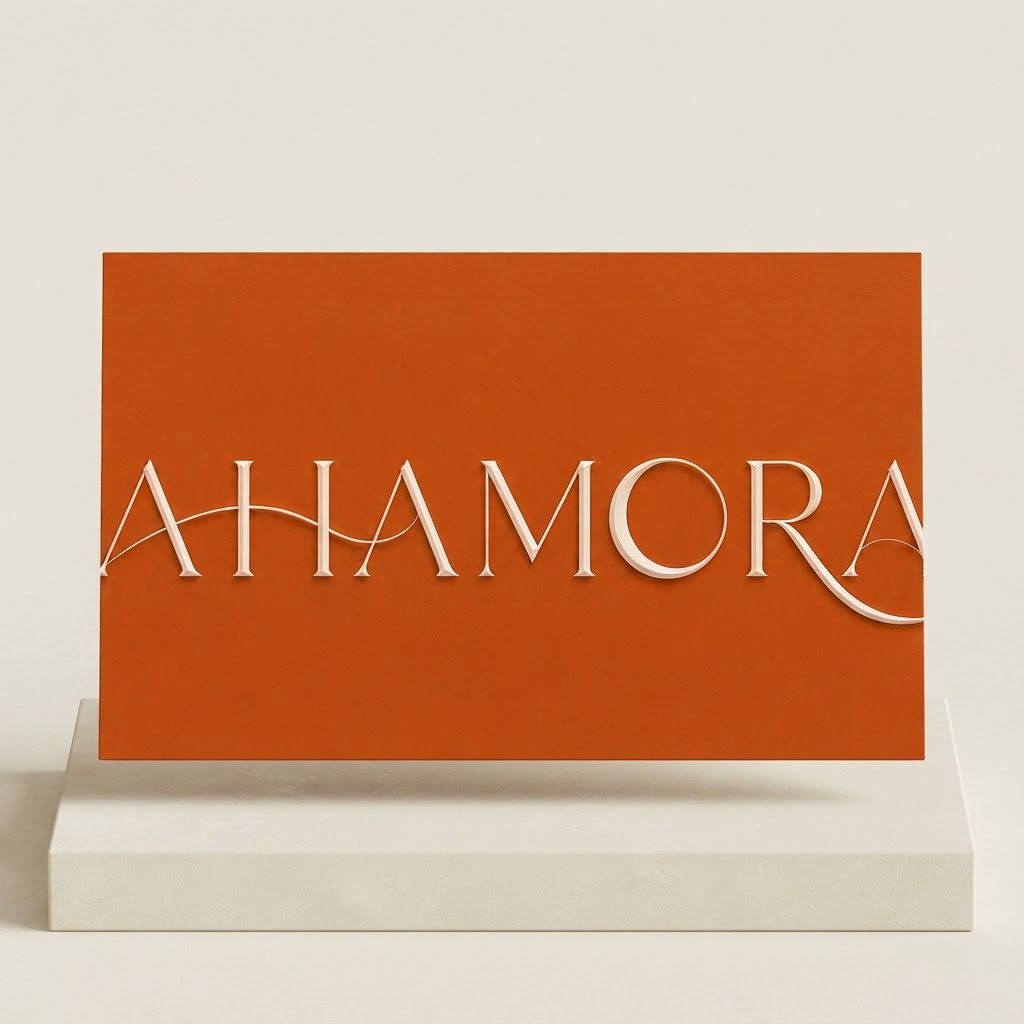 AI Design for Premium logo presentation mockup concept for Create sophisticated LOGO for AHAMORA logotype, emphasizing its elegant serif typography and warm, earthy terracotta background.. Logo or brand mark displayed on a clean neutral surface with subtle depth, refined shadow, precise alignment, elegant design-studio presentation, no extra readable text.
Incorporate the attached brand element reference image (Reference A: brand element "AHAMORA") into the composition where natural — preserve the depicted brand element's appearance.