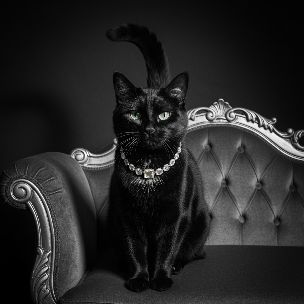 AI Design for create a very classic baddie picture of a cat wearing rhodochorsite