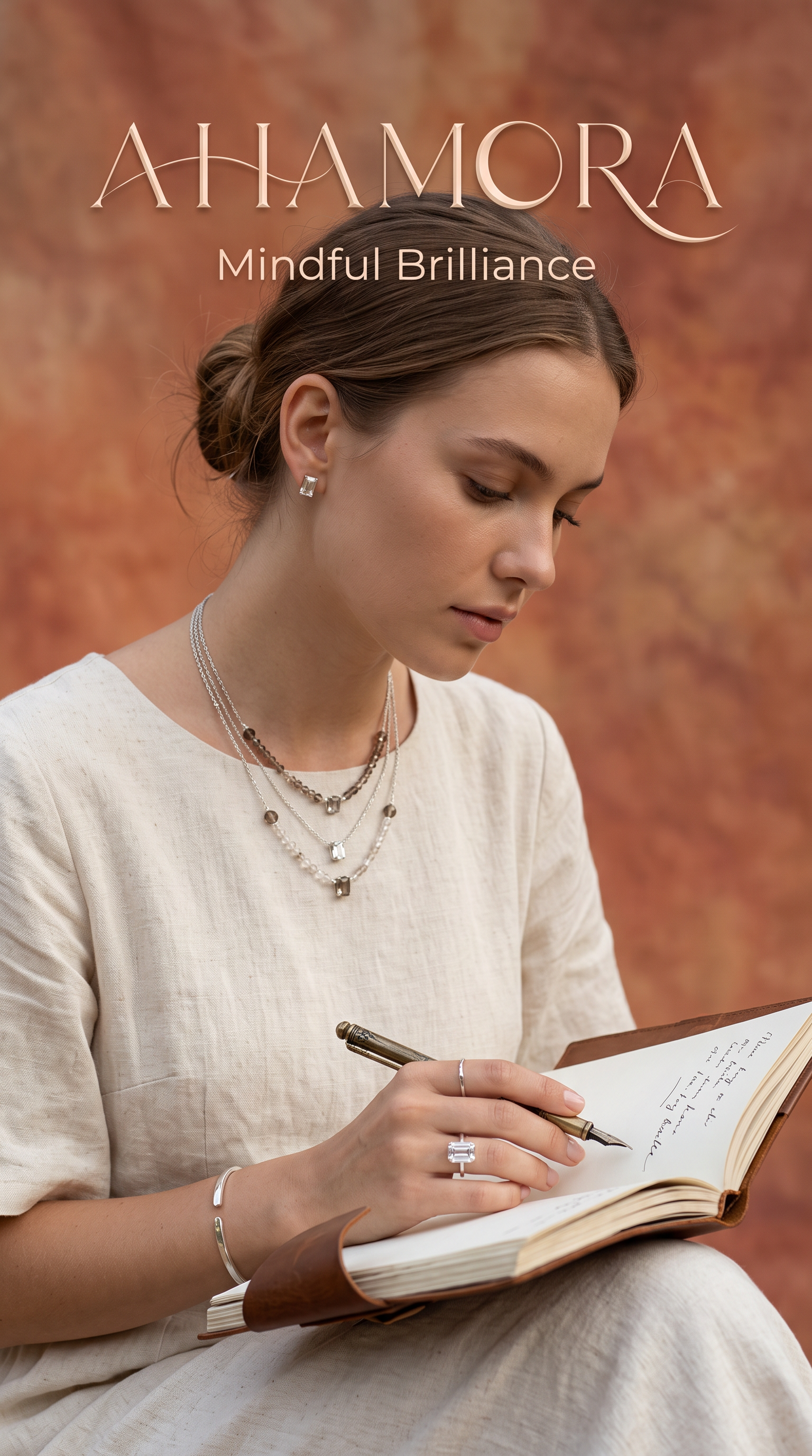 AI Design for A vertical lifestyle shot of a woman in minimalist clothing, wearing AHAMORA crystal jewelry, looking thoughtful while holding a journal. The background is a soft, blurred terracotta wall inspired by the hues in Untitled design.png. The framing is artistic and cinematic, focusing on the connection between the jewelry and the user's focus. The typography style from the reference image should be kept in mind for where text will be overlaid.
