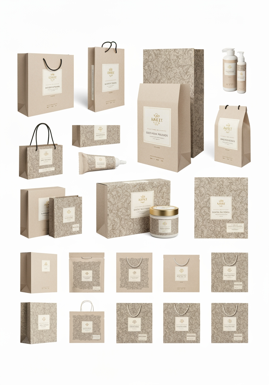AI Design for Packaging design route concept for Campaign concepts for a client pitch. Client-presentation mockup with boxes, bags, labels, wraps, or product containers, realistic print finish, cohesive visual system, no fake readable text.
