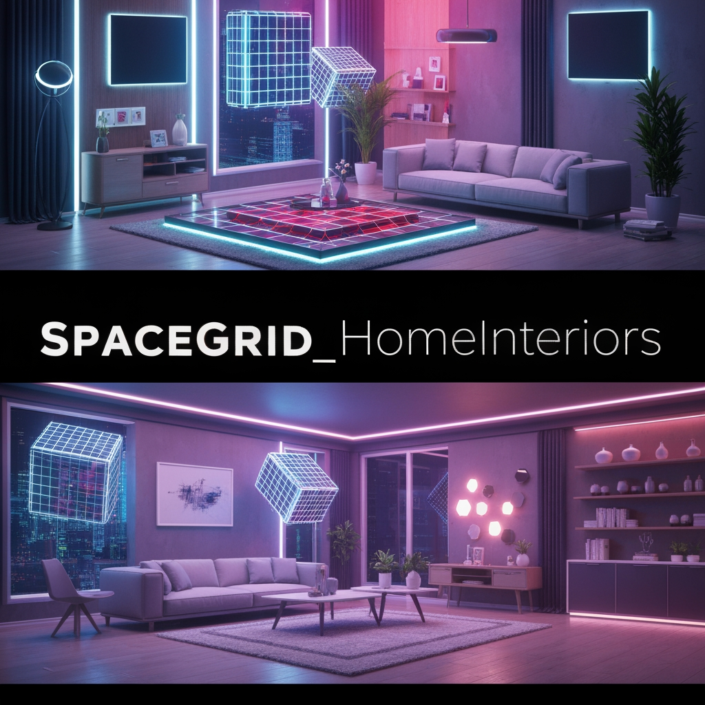 AI Design for create a dynaminc 3d animated logo for my interior brand naming "SpaceGrid_HomeInteriors" which had interior elements