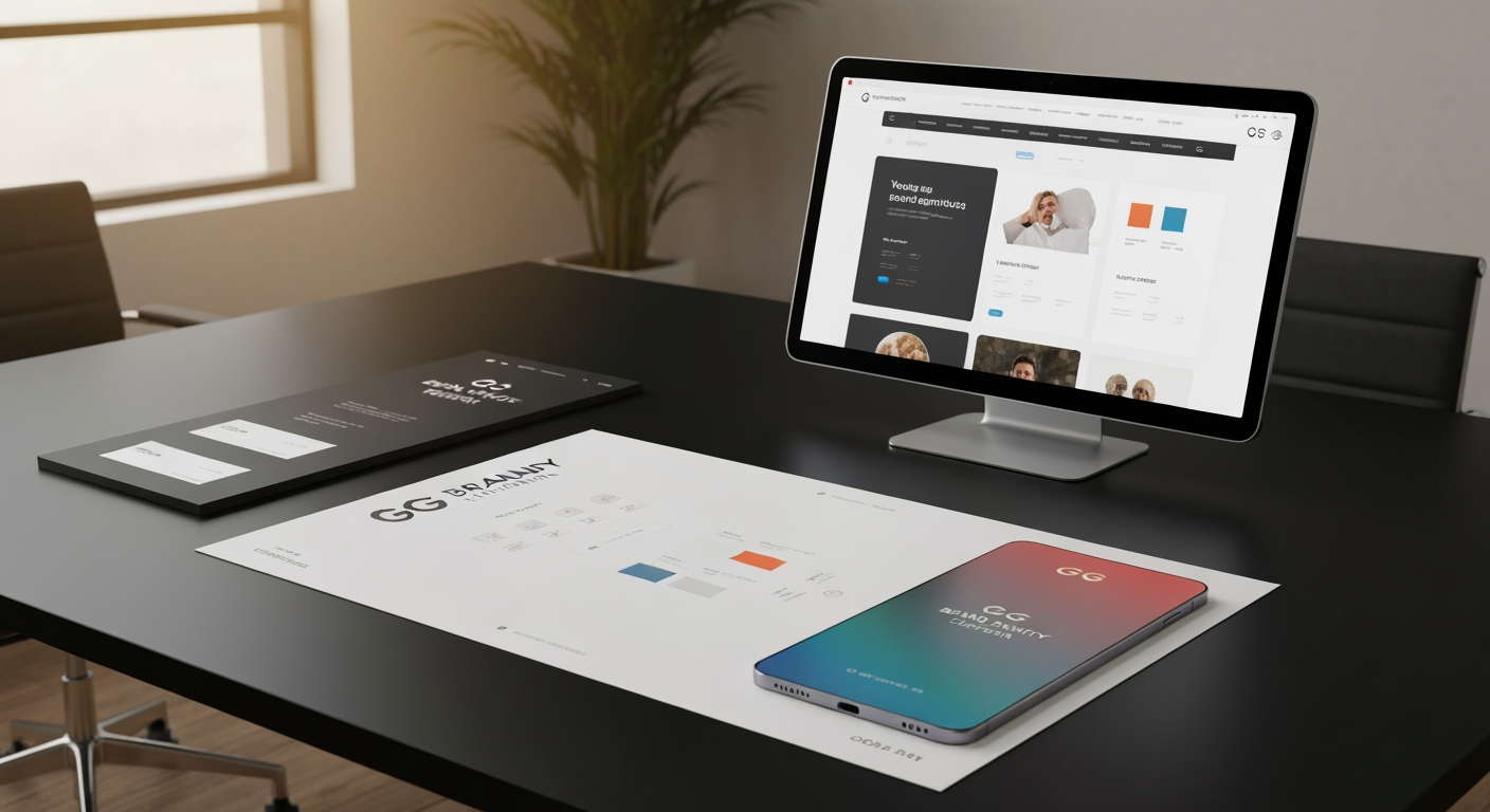 AI Design for Client presentation mockup concept for Brand identity directions for a client. Polished scene showing the design direction applied to a realistic surface, screen, poster, or object, premium agency presentation style, no readable placeholder text.