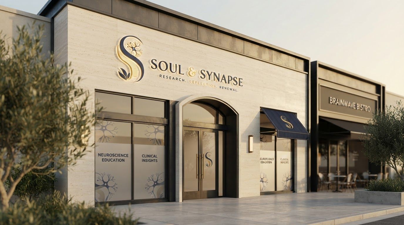 AI Design for Realistic storefront signage mockup concept for Design an educational carousel for social media that focuses on the neuroscience aspects of the brand, utilizing the gold and navy palette to maintain a premium, clinical feel.. Exterior facade, window decal, awning, or wall sign in a believable commercial environment, golden hour or soft daylight, polished architectural photography, no fake street text.
Incorporate the attached brand element reference image (Reference A: brand element "Soul & Synapse") into the composition where natural — preserve the depicted brand element's appearance.