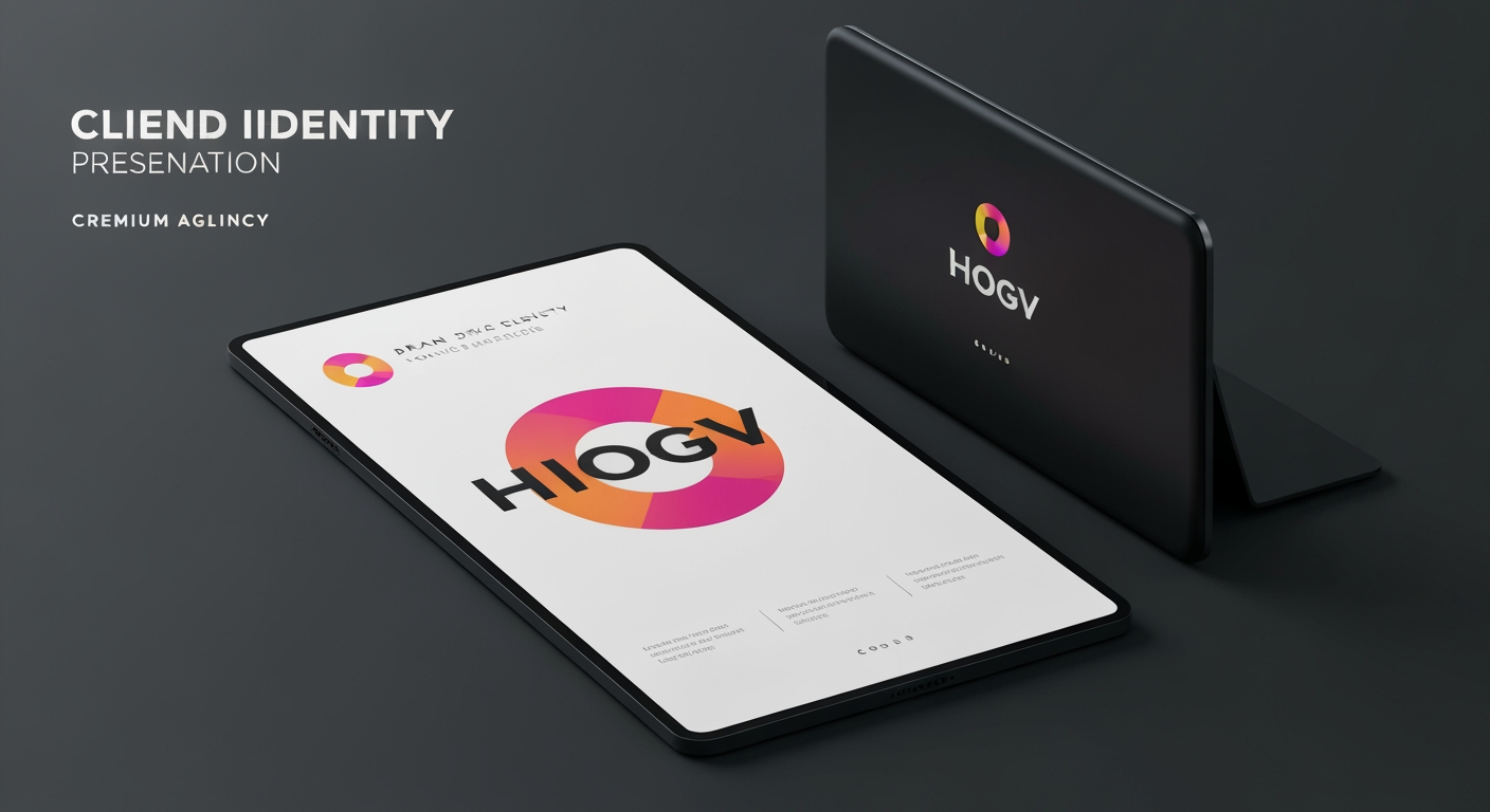 AI Design for Client presentation mockup concept for Brand identity directions for a client. Polished scene showing the design direction applied to a realistic surface, screen, poster, or object, premium agency presentation style, no readable placeholder text.