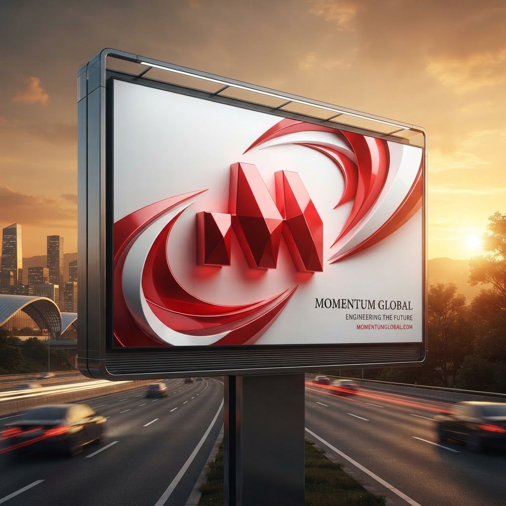AI Design for Create a premium, modern outdoor billboard advertisement featuring the uploaded red geometric "M" logo as the central brand element. Place the logo prominently in the center with a clean white background and subtle red gradient lighting. Add realistic 3D shadows, glossy reflections, and soft ambient lighting for a premium corporate look. Include elegant red and white abstract geometric shapes flowing around the logo to create motion and depth. Use a minimalist luxury design with plenty of negative space. The billboard should be mounted on a modern highway roadside with dramatic golden-hour sunlight, cinematic lighting, ultra-realistic textures, and high-end branding aesthetics. The composition should look like a professional advertising campaign for a global company, with sharp focus, HDR quality, 8K resolution, photorealistic, clean typography space, premium commercial photography style, award-winning advertising design, ultra-detailed, vibrant red accents, and a sophisticated corporate identity.