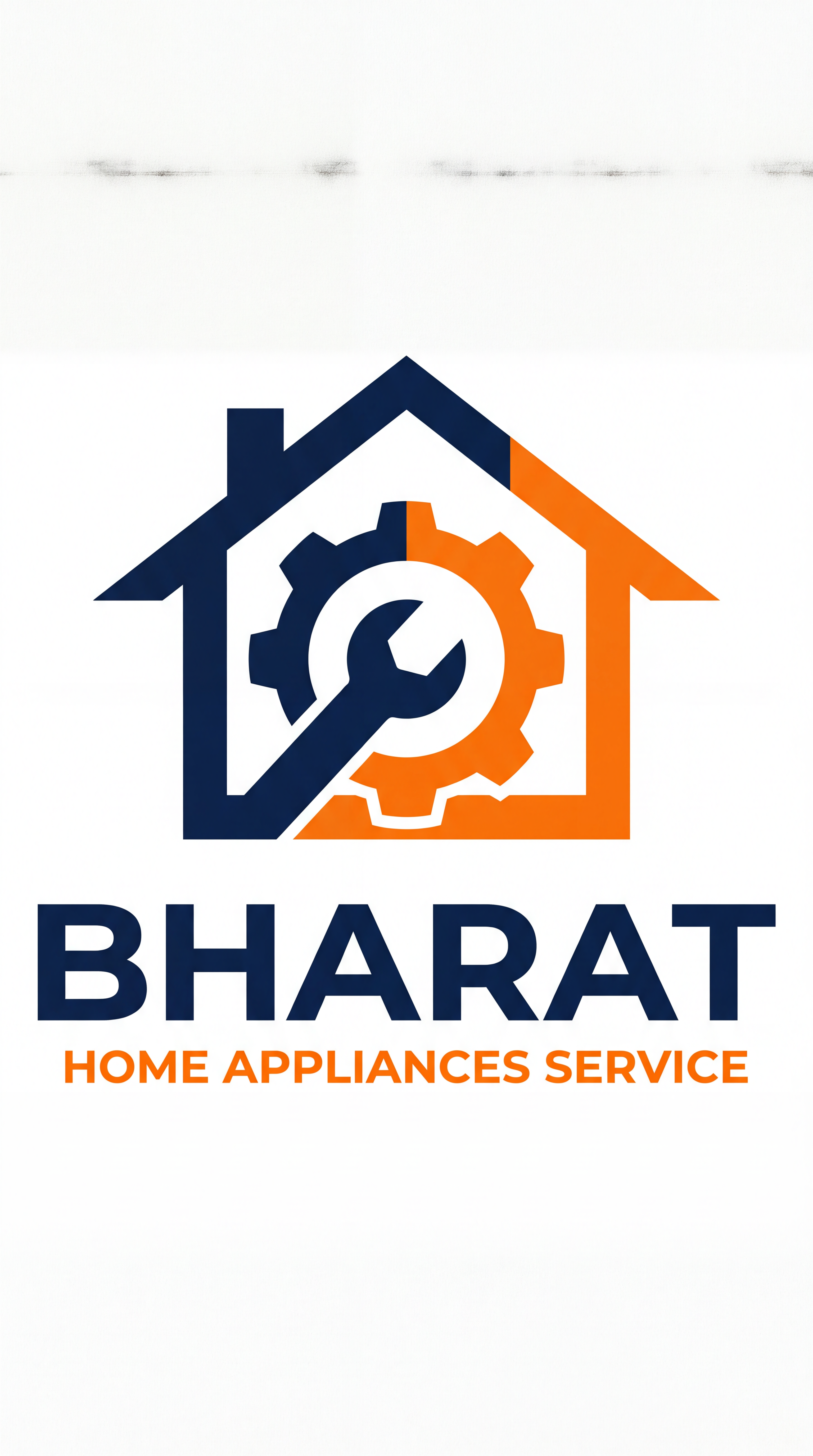 AI Design for A professional and modern minimalist logo for BHARAT HOME APPLIANCES SERVICE, featuring a sleek stylized icon that combines a home silhouette with a subtle gear or wrench motif. Use a clean, trustworthy color palette of deep navy blue and vibrant orange, set against a crisp white background with balanced typography for a high-end corporate feel.