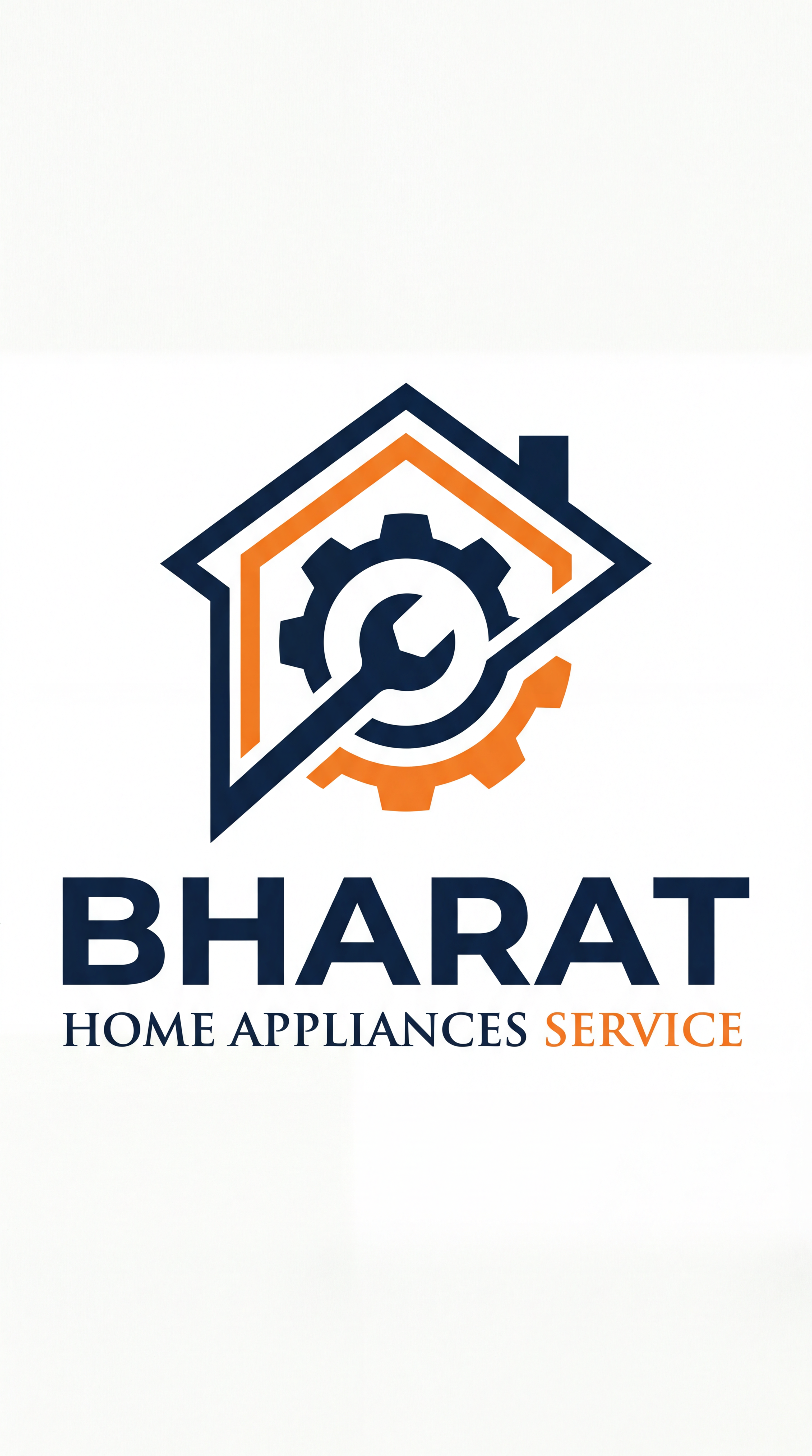 AI Design for A professional and modern minimalist logo for BHARAT HOME APPLIANCES SERVICE, featuring a sleek stylized icon that combines a home silhouette with a subtle gear or wrench motif. Use a clean, trustworthy color palette of deep navy blue and vibrant orange, set against a crisp white background with balanced typography for a high-end corporate feel.