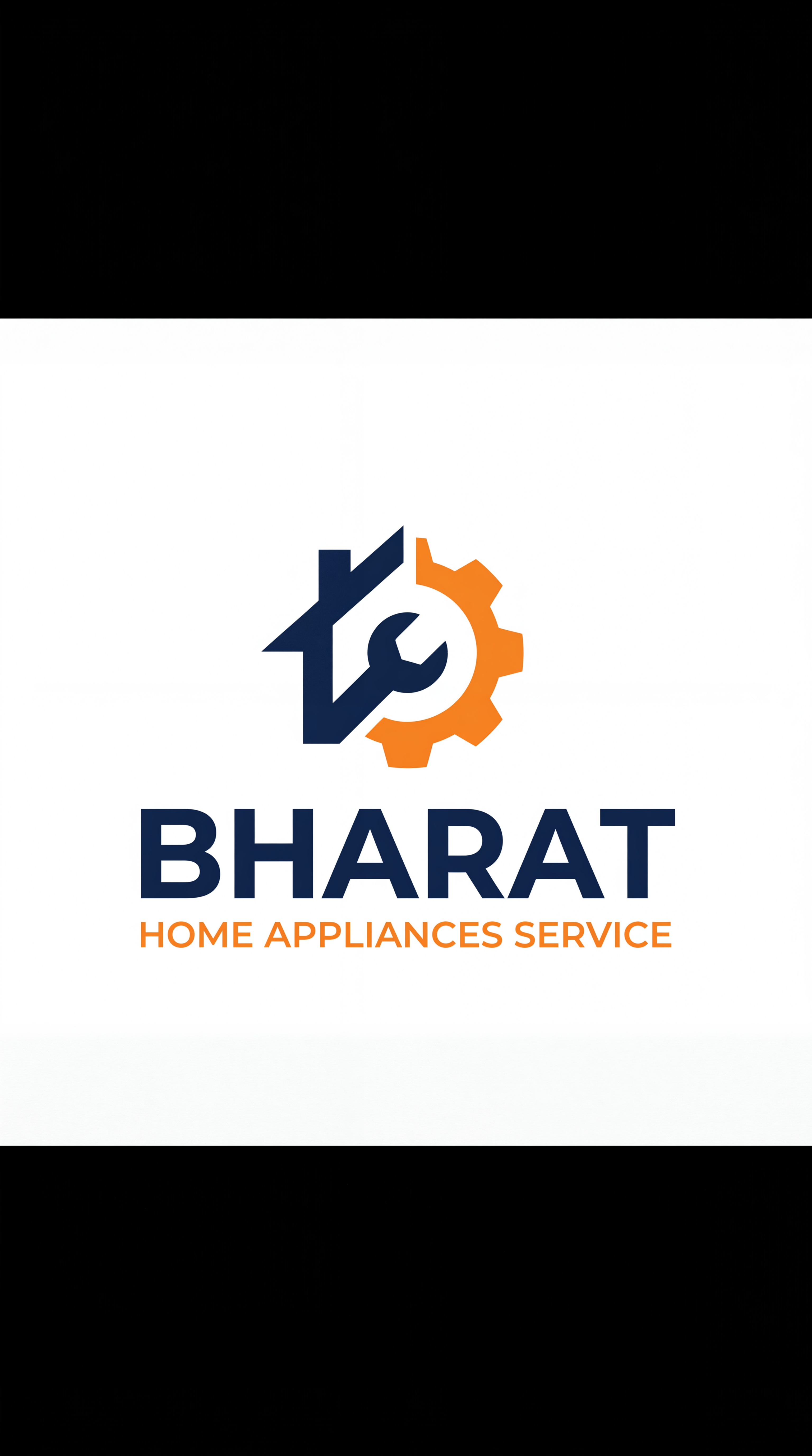 AI Design for A professional and modern minimalist logo for BHARAT HOME APPLIANCES SERVICE, featuring a sleek stylized icon that combines a home silhouette with a subtle gear or wrench motif. Use a clean, trustworthy color palette of deep navy blue and vibrant orange, set against a crisp white background with balanced typography for a high-end corporate feel.