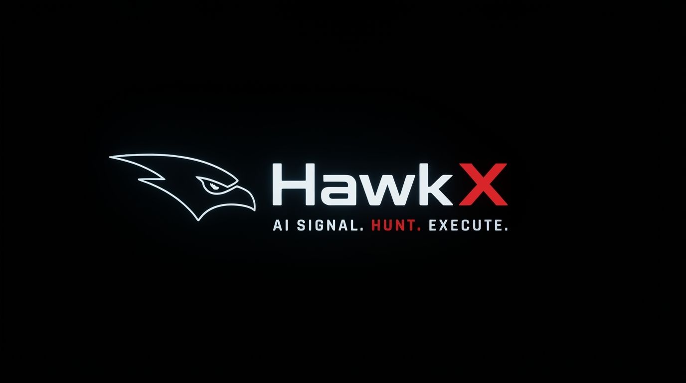 AI Design for Wide campaign hero photograph for HawkX. The image features the logo for HawkX, consisting of a white stylized hawk head icon followed by the text 'HawkX' where 'X' is in red. Below the name, the tagline 'AI SIGNAL. HUNT. EXECUTE.' is written in white, with the word 'HUNT.' highlighted in red, all set against a solid black background. Premium advertising composition with the product as focal point, cinematic lighting, clean negative space on one side for copy to be added later, no rendered words or logos beyond the reference product.