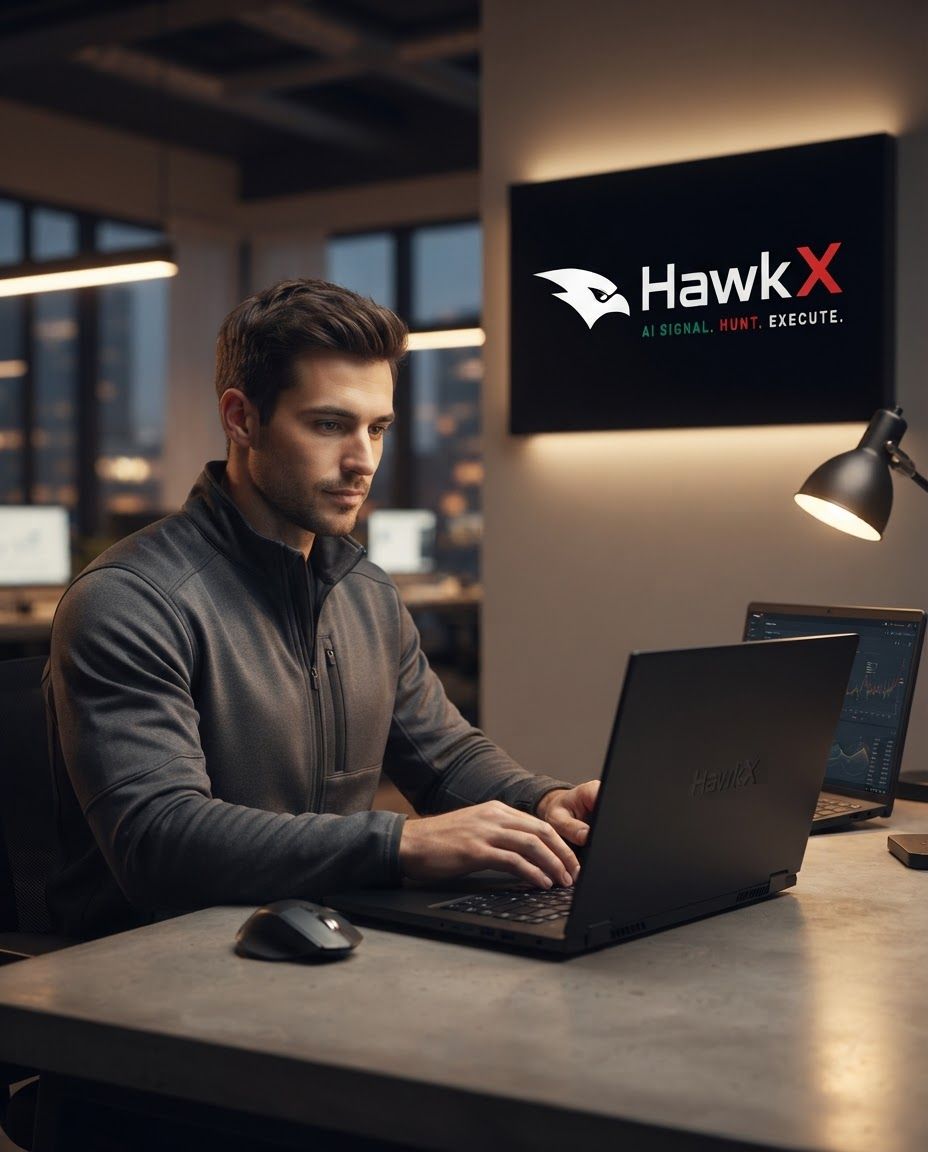 AI Design for Lifestyle product photograph of HawkX being naturally used in a believable real-world setting. The image features the logo for HawkX, consisting of a white stylized hawk head icon followed by the text 'HawkX' where 'X' is in red. Below the name, the tagline 'AI SIGNAL. HUNT. EXECUTE.' is written in white, with the word 'HUNT.' highlighted in red, all set against a solid black background. Human-scale context, warm natural light, editorial composition, shallow depth of field, product clearly visible and undistorted.