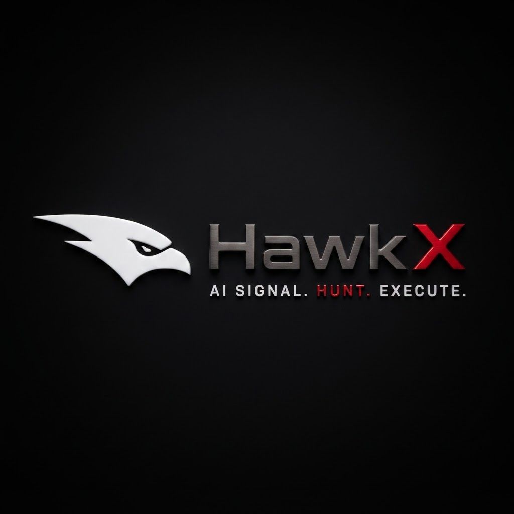 AI Design for High-end studio product photograph of HawkX. The image features the logo for HawkX, consisting of a white stylized hawk head icon followed by the text 'HawkX' where 'X' is in red. Below the name, the tagline 'AI SIGNAL. HUNT. EXECUTE.' is written in white, with the word 'HUNT.' highlighted in red, all set against a solid black background. Product centered as the clear hero, clean neutral background, controlled softbox lighting, realistic contact shadow, crisp edges, accurate material texture, no readable text added.