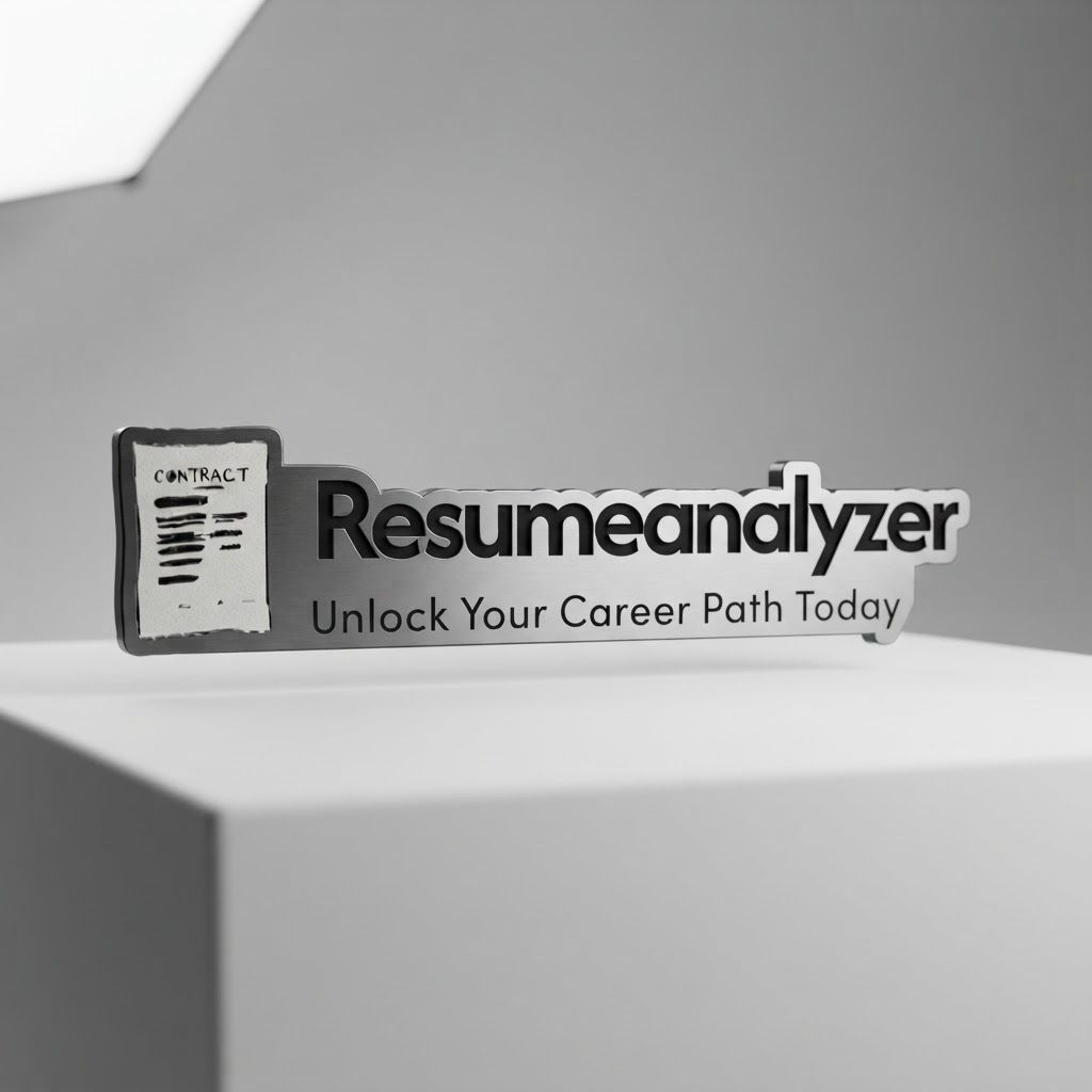 AI Design for High-end studio product photograph of Resumeanalyzer. The image is a black and white digital logo featuring a sketched icon of a contract next to the bold, sans-serif text 'Resumeanalyzer' and the tagline 'Unlock Your Career Path Today'. Product centered as the clear hero, clean neutral background, controlled softbox lighting, realistic contact shadow, crisp edges, accurate material texture, no readable text added.