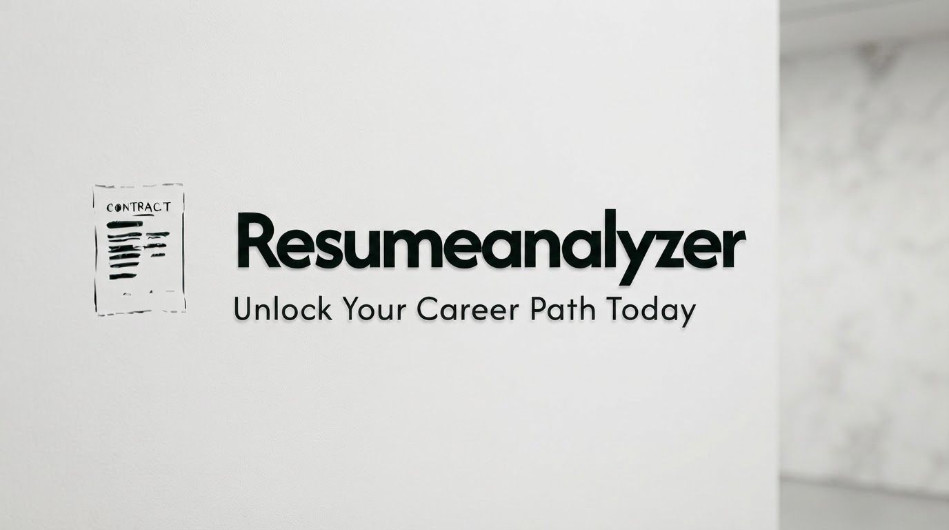 AI Design for Wide campaign hero photograph for Resumeanalyzer. The image is a black and white digital logo featuring a sketched icon of a contract next to the bold, sans-serif text 'Resumeanalyzer' and the tagline 'Unlock Your Career Path Today'. Premium advertising composition with the product as focal point, cinematic lighting, clean negative space on one side for copy to be added later, no rendered words or logos beyond the reference product.