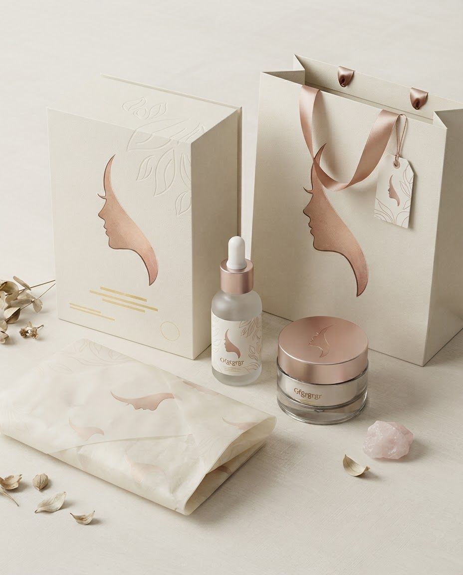 AI Design for Packaging design route for brand. Client-presentation mockup with boxes, bags, labels, wraps, or product containers, realistic print finish, cohesive visual system, no fake readable text.
Incorporate the attached brand element reference image (Reference A: brand element "Gfgrgrgr") into the composition where natural — preserve the depicted brand element's appearance.