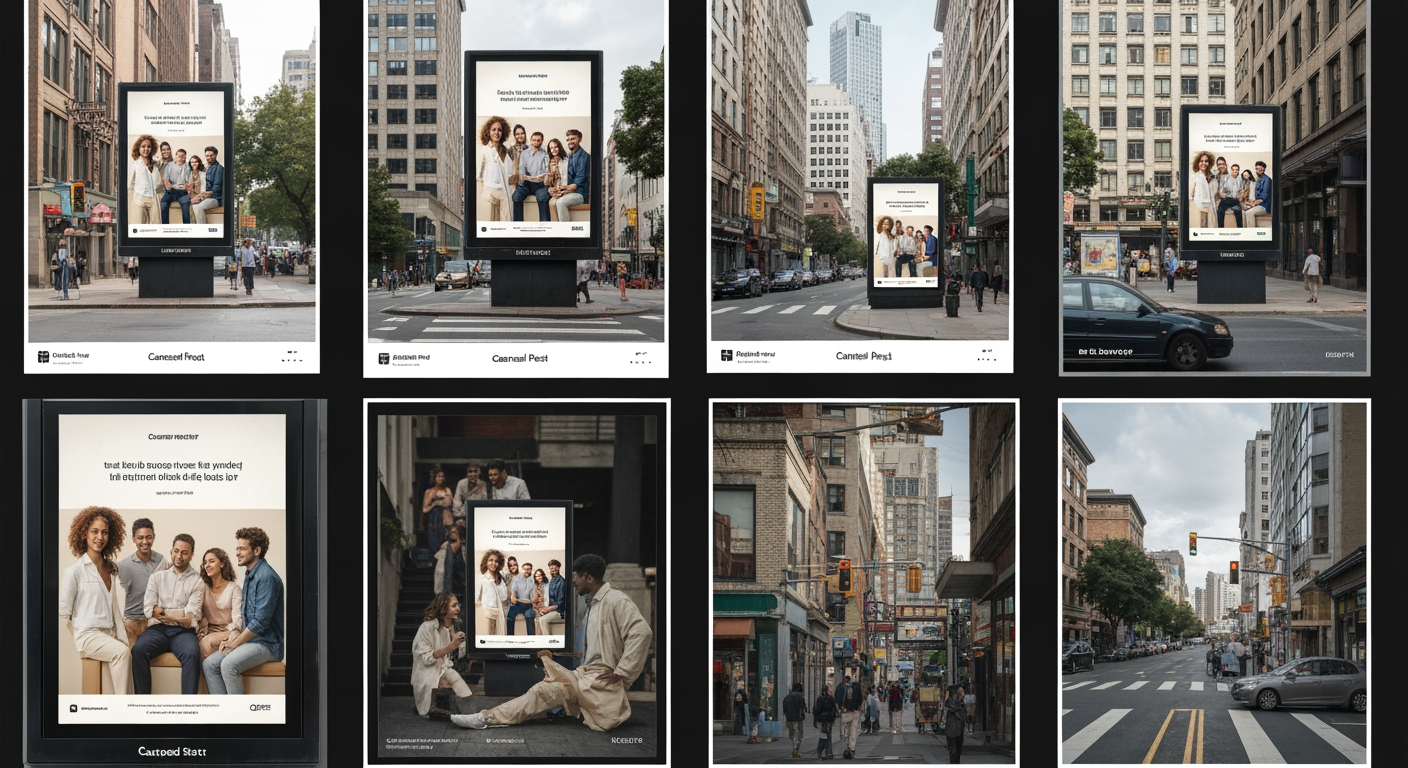 AI Design for Out-of-home campaign mockup concept for Carousel posts for a product launch. Billboard, transit poster, or street display in a realistic environment, strong campaign imagery, believable scale and lighting, no readable fake ad copy.