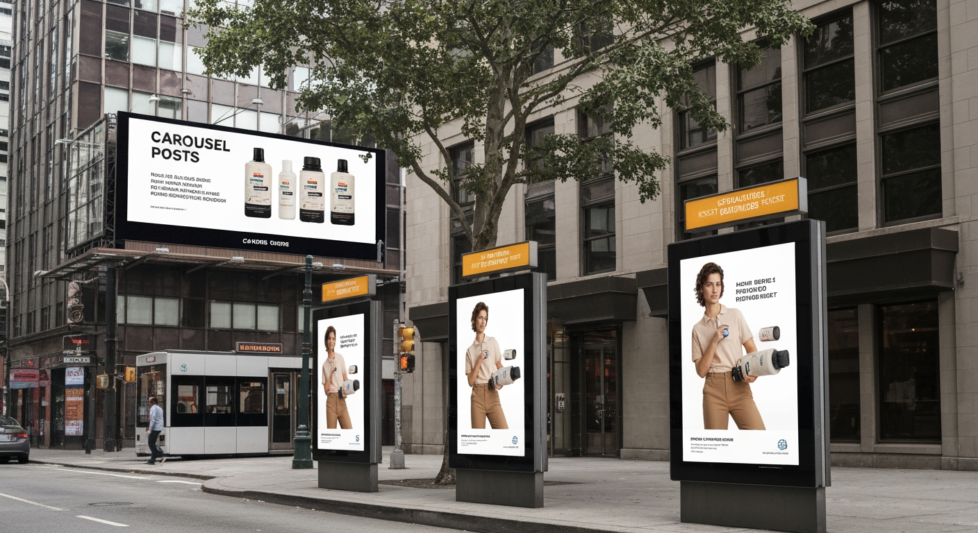 AI Design for Out-of-home campaign mockup concept for Carousel posts for a product launch. Billboard, transit poster, or street display in a realistic environment, strong campaign imagery, believable scale and lighting, no readable fake ad copy.