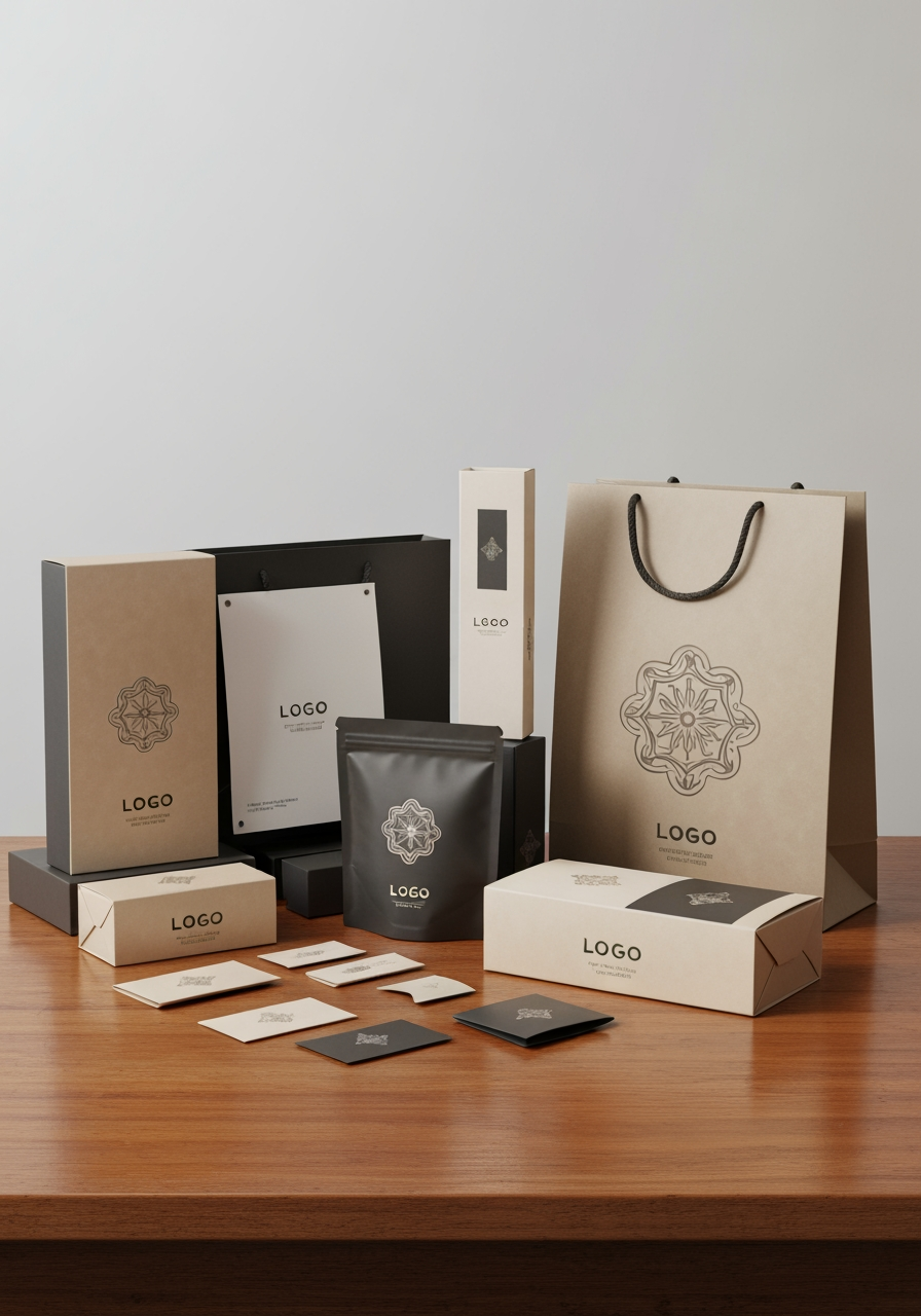 AI Design for Premium packaging mockup concept for Logo. Brand identity applied to realistic boxes, pouches, labels, wraps, or bags as appropriate, polished tabletop scene, tactile materials, no invented readable copy.