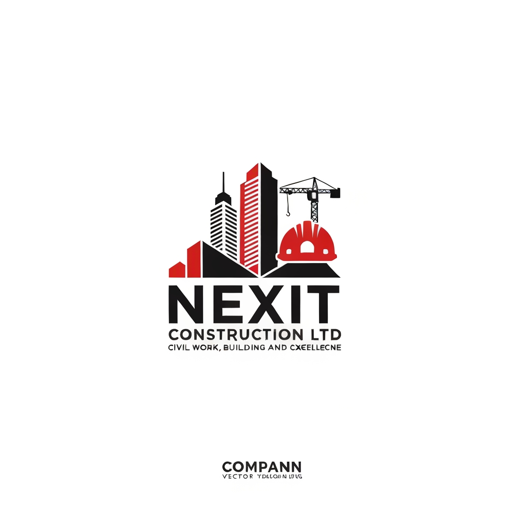 AI Design for Create a clean, original vector logo only (no mockups, no business cards, no stationery, no presentation). Company Name: Nexit Construction Ltd. Slogan: Reliability and Excellence. Business: Civil Work, Building and Construction. Use a modern skyscraper, construction crane, safety helmet, and geometric architectural shapes. Color palette: red, black, and white. Professional, premium, minimalist, flat vector style. White transparent background. Bold modern typography. Square 1200x1200 logo only.